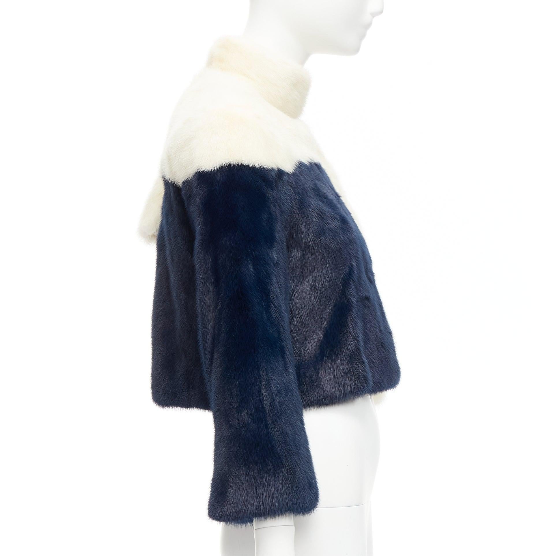 CHRISTIAN DIOR cream navy bicolor genuine fur crop jacket with scarf FR36 S For Sale 1
