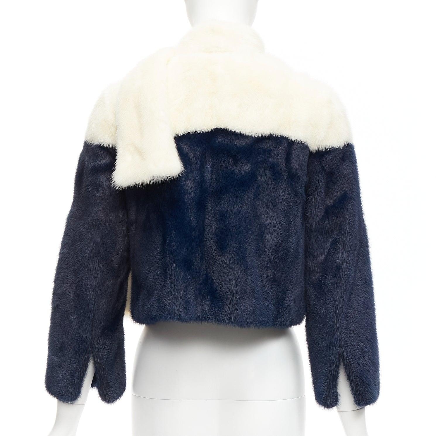 CHRISTIAN DIOR cream navy bicolor genuine fur crop jacket with scarf FR36 S For Sale 2