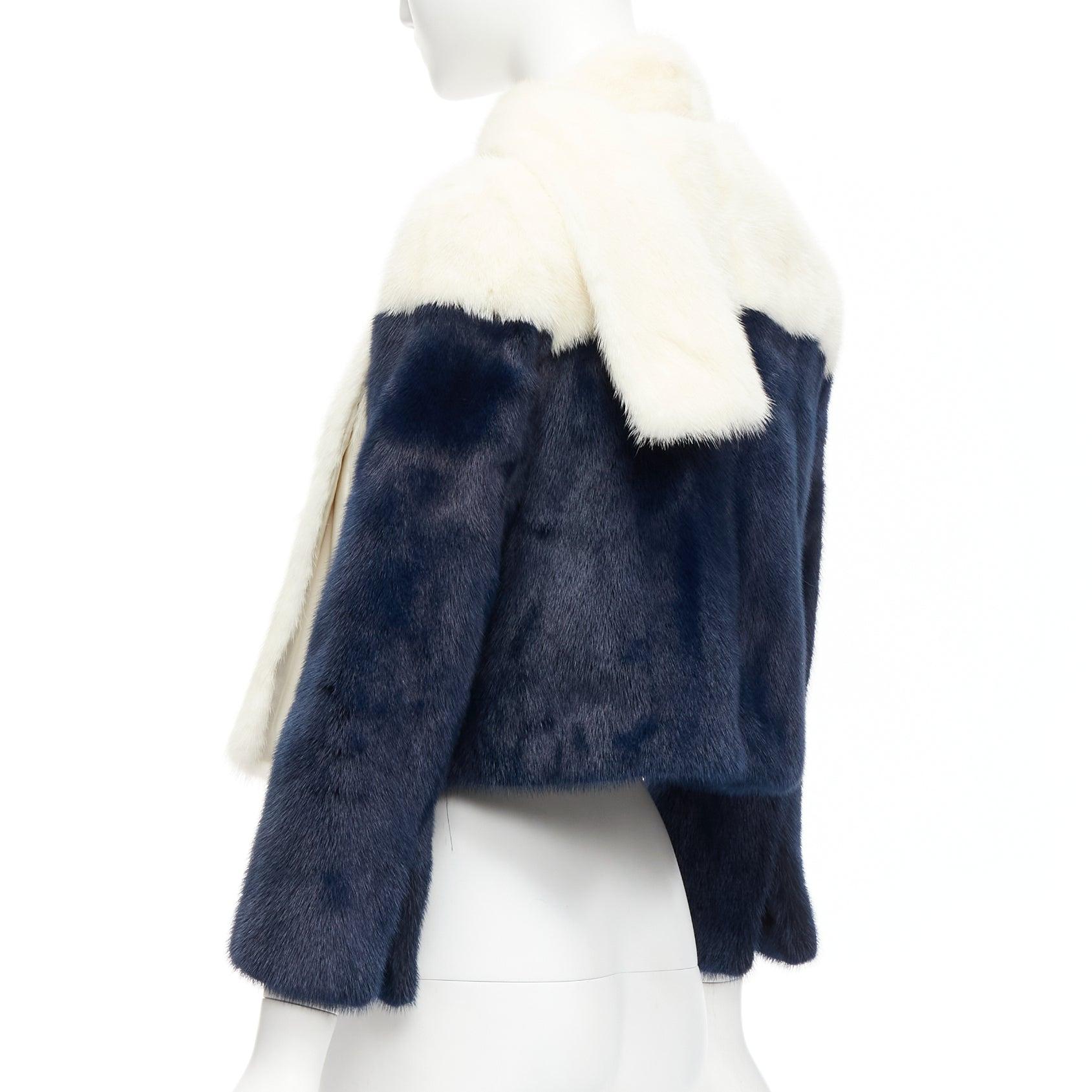 CHRISTIAN DIOR cream navy bicolor genuine fur crop jacket with scarf FR36 S For Sale 3