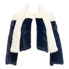 CHRISTIAN DIOR cream navy bicolor genuine fur crop jacket with scarf FR36 S
