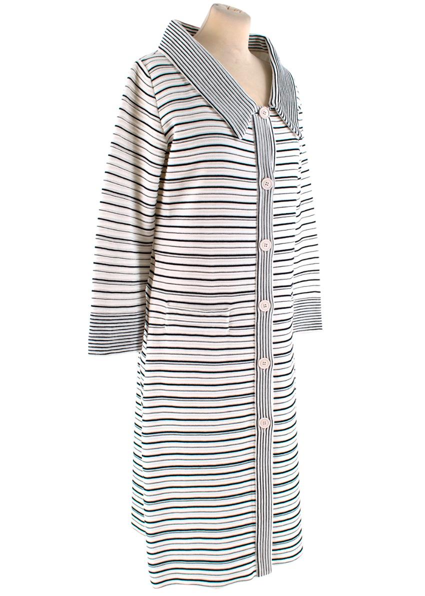 Christian Dior Cream Striped Longline Knit Coat

- Long-sleeve - large button-up fastening - black stripes - ribbed - collar -plain button belt detail at the back - two open pockets

Approx in CM 
Measurements are taken laying flat, seam to seam.