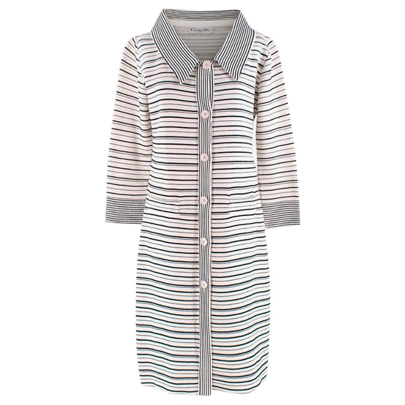 Christian Dior Cream Striped Longline Knit Coat - Size US 8 For Sale