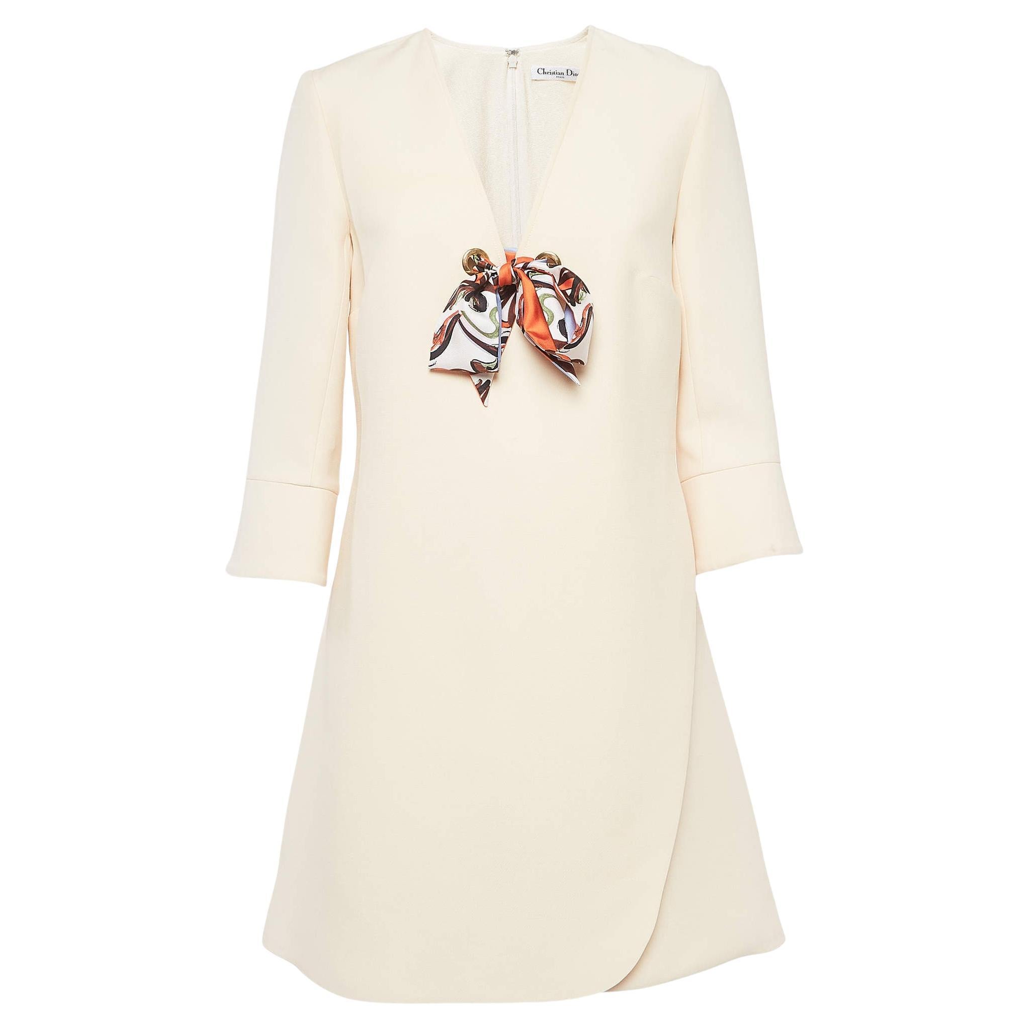 Christian Dior Cream Wool Blend Tie-Up Detail Flared Sleeve Mini Dress M For Sale