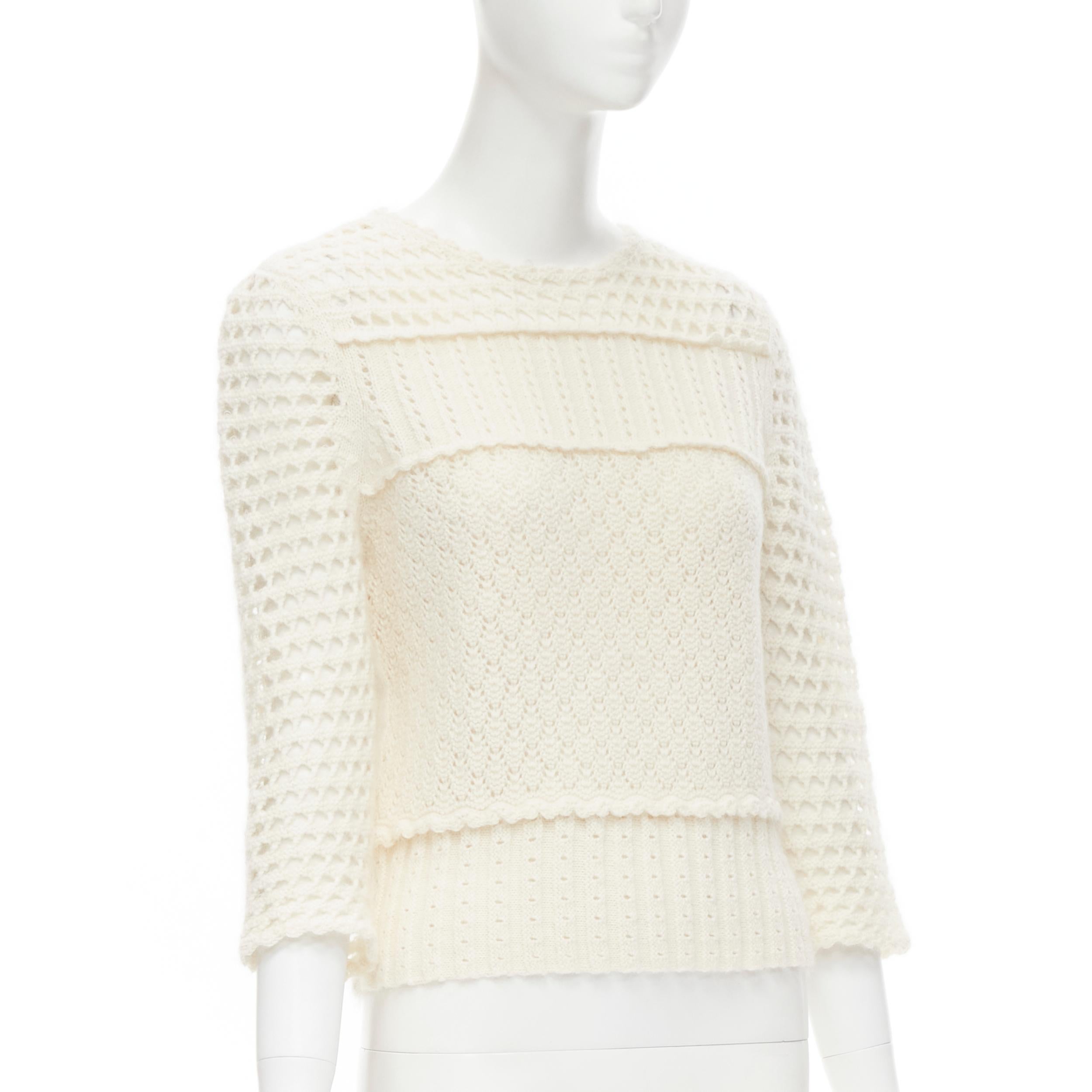 Beige CHRISTIAN DIOR cream wool cashmere mohair crochet mixed chunky knit sweater 