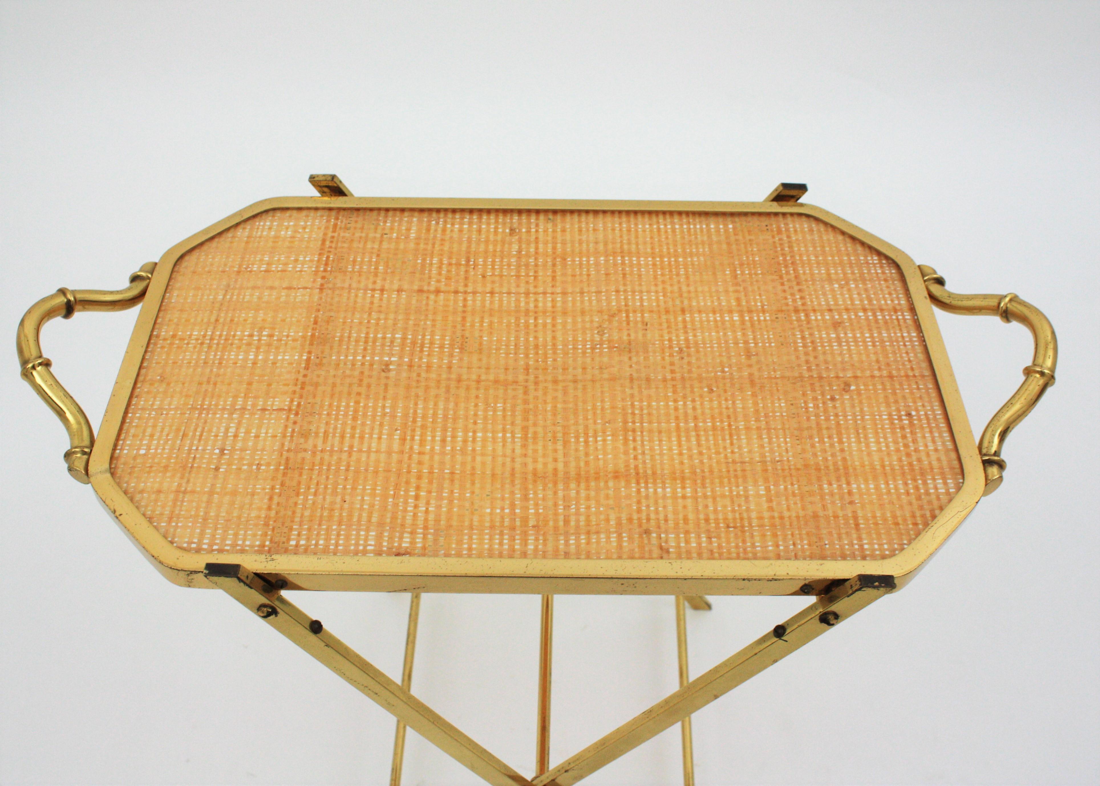 20th Century Christian Dior Faux Bamboo Brass & Rattan Folding Tray Table
