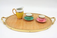 Christian Dior Crespi Style Faux Bamboo Brass, Rattan & Lucite Oval Serving Tray