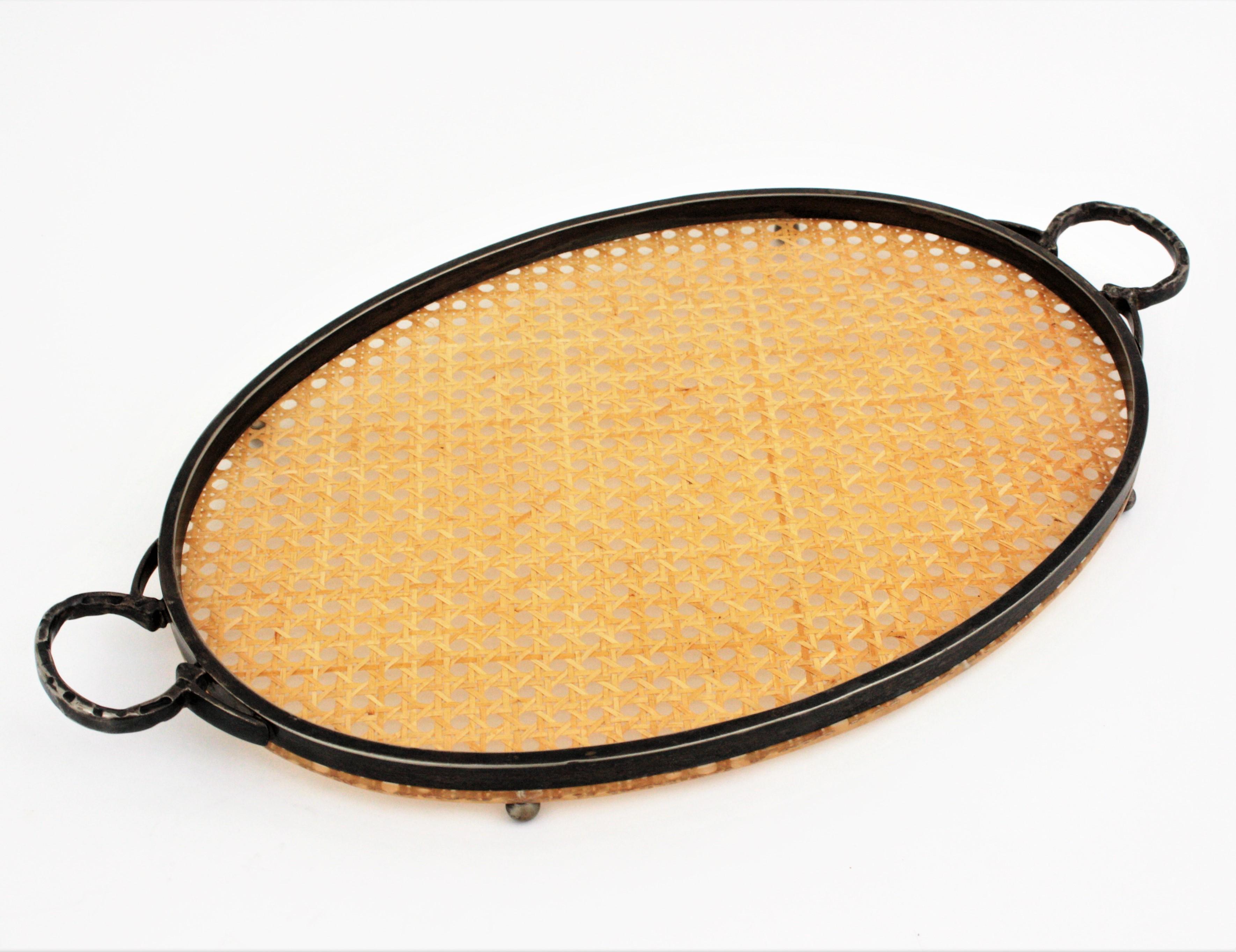 Christian Dior Style Oval Serving Tray in Rattan, Lucite & Metal 2