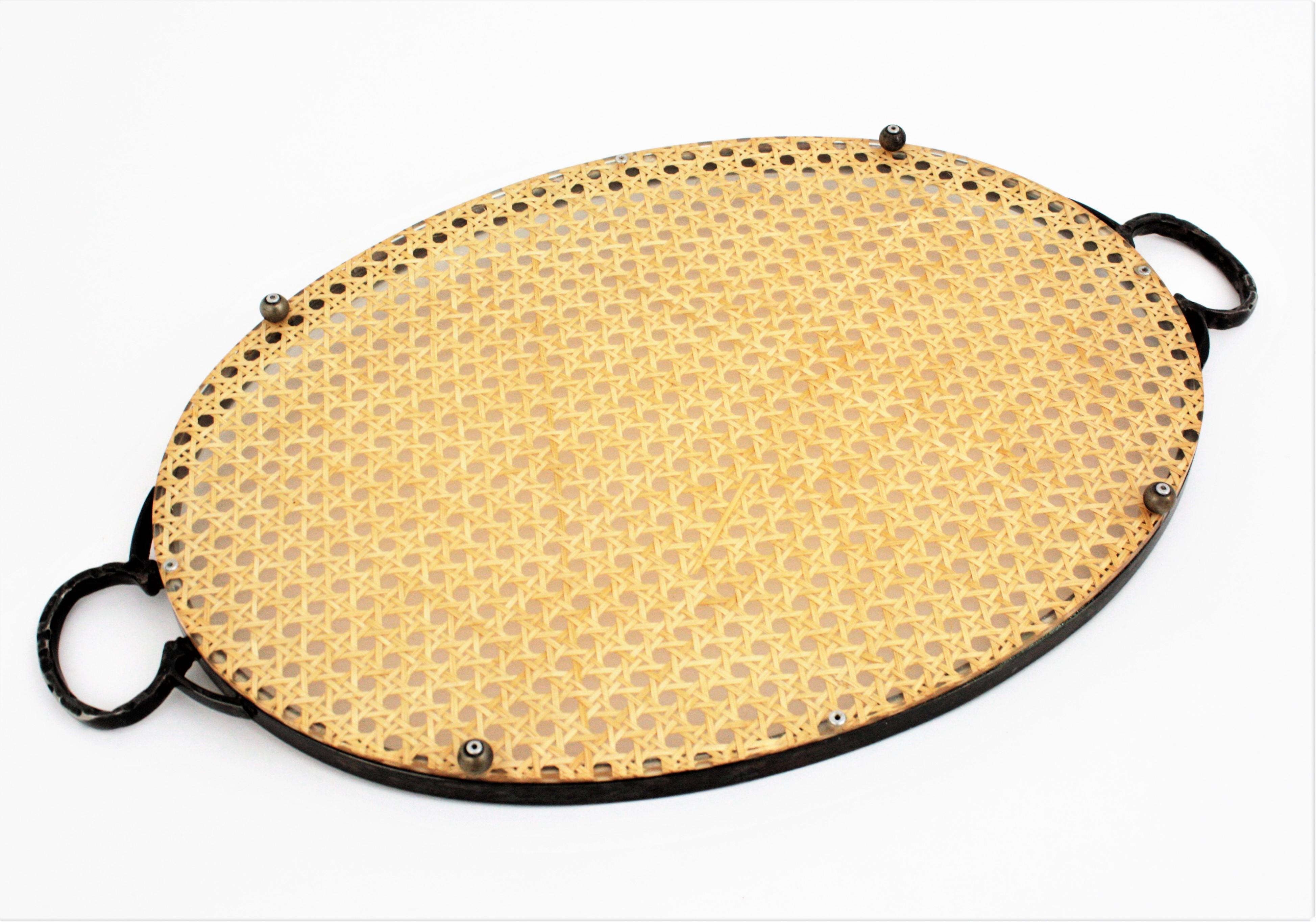 Christian Dior Style Oval Serving Tray in Rattan, Lucite & Metal 8