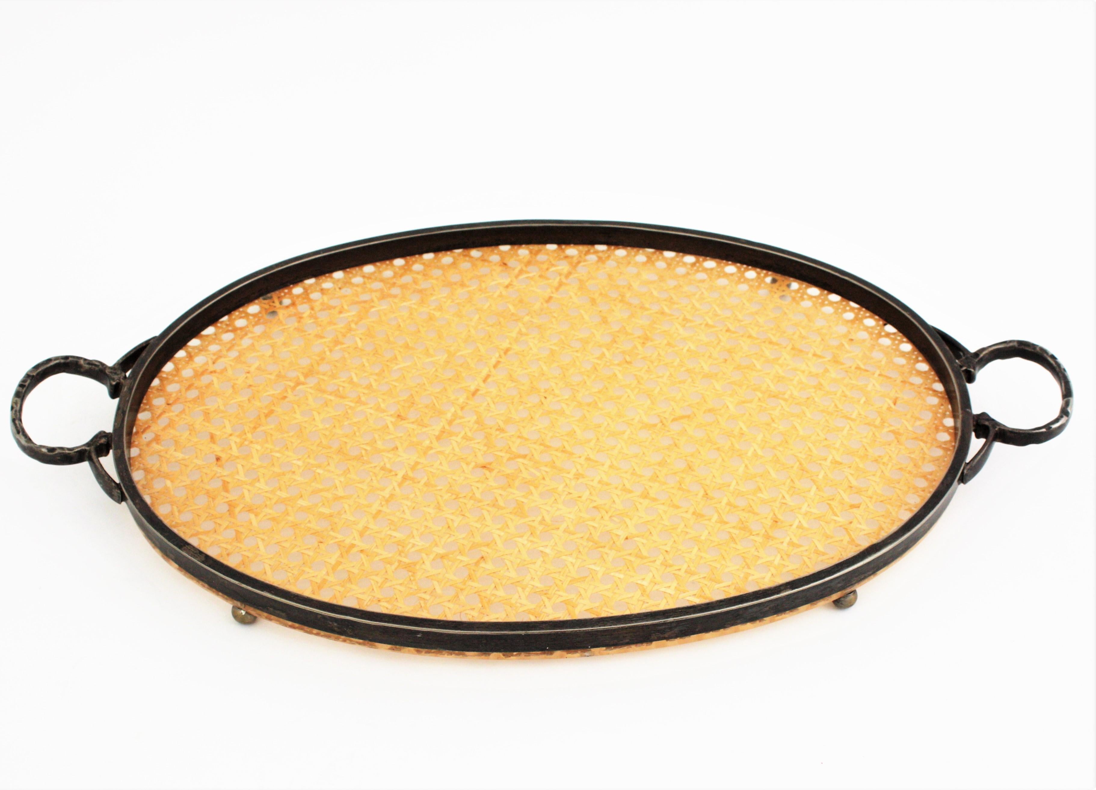 Mid-Century Modern Christian Dior Style Oval Serving Tray in Rattan, Lucite & Metal