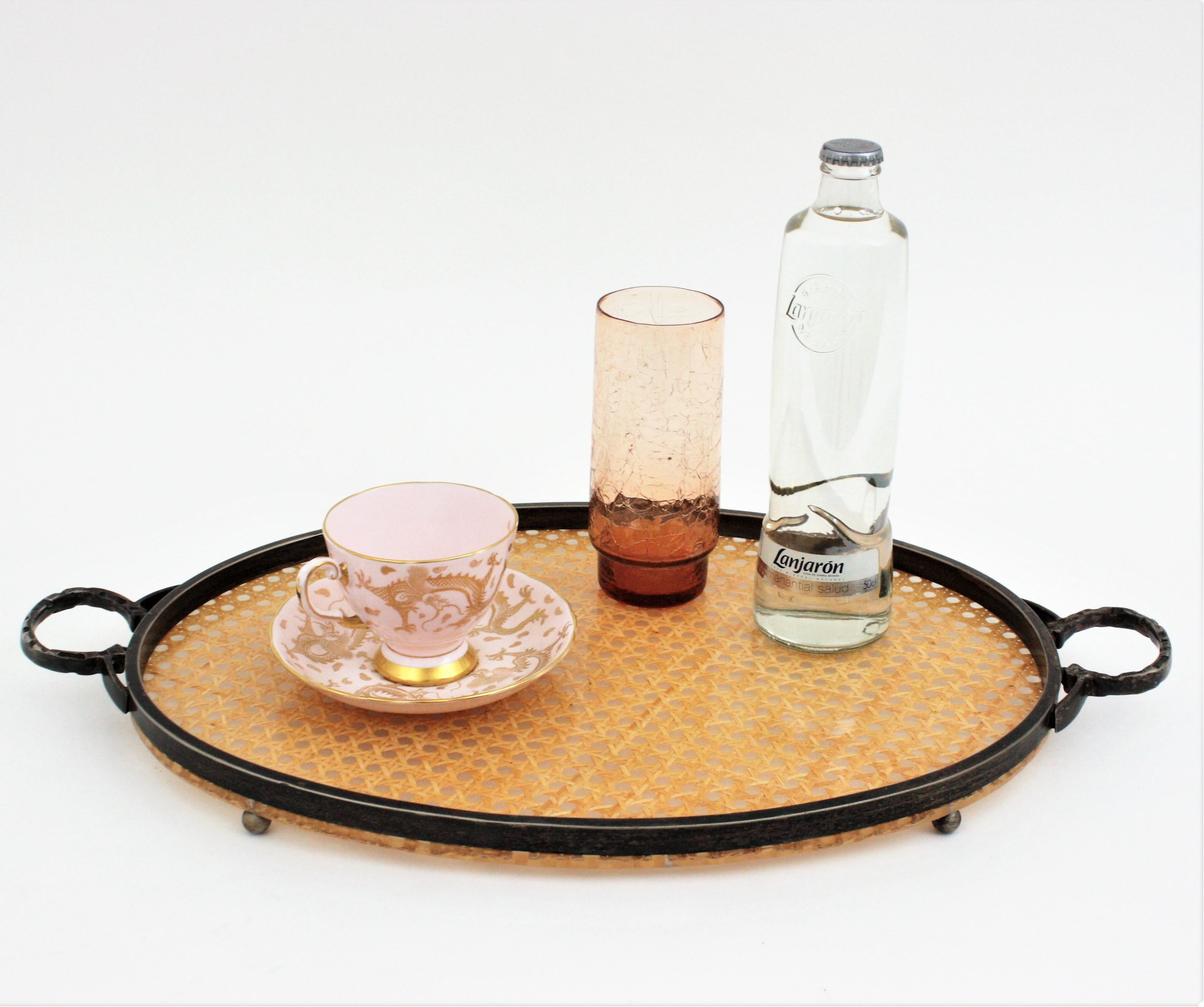 French Christian Dior Style Oval Serving Tray in Rattan, Lucite & Metal