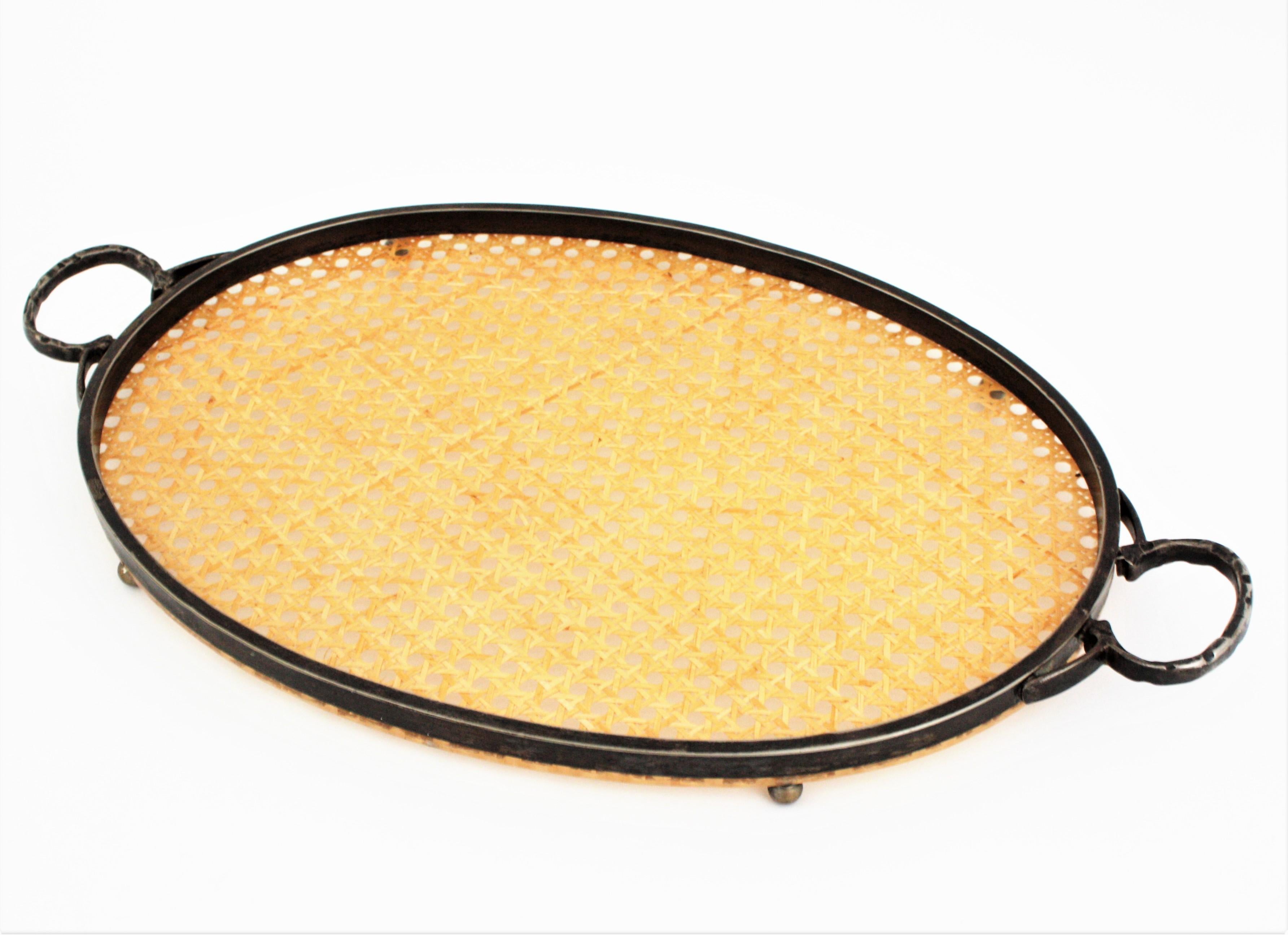 Hand-Crafted Christian Dior Style Oval Serving Tray in Rattan, Lucite & Metal