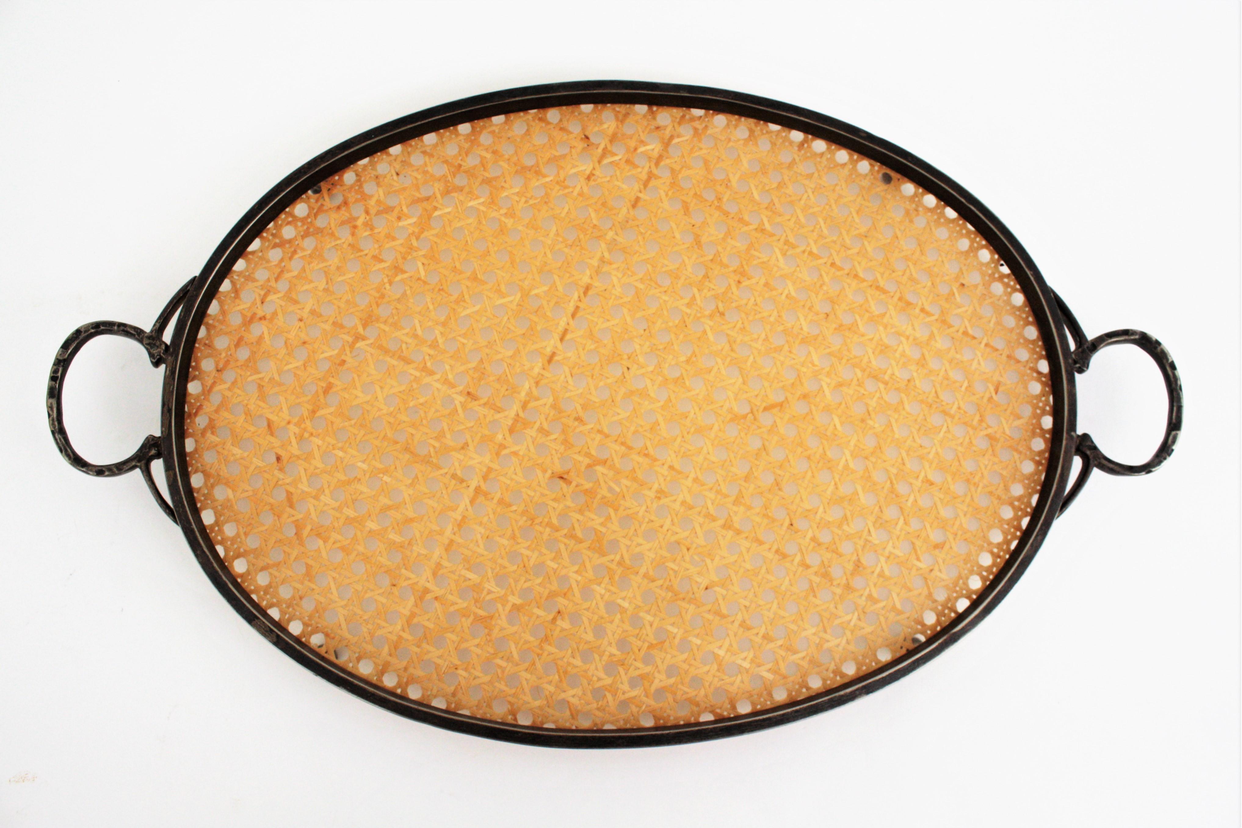 20th Century Christian Dior Style Oval Serving Tray in Rattan, Lucite & Metal
