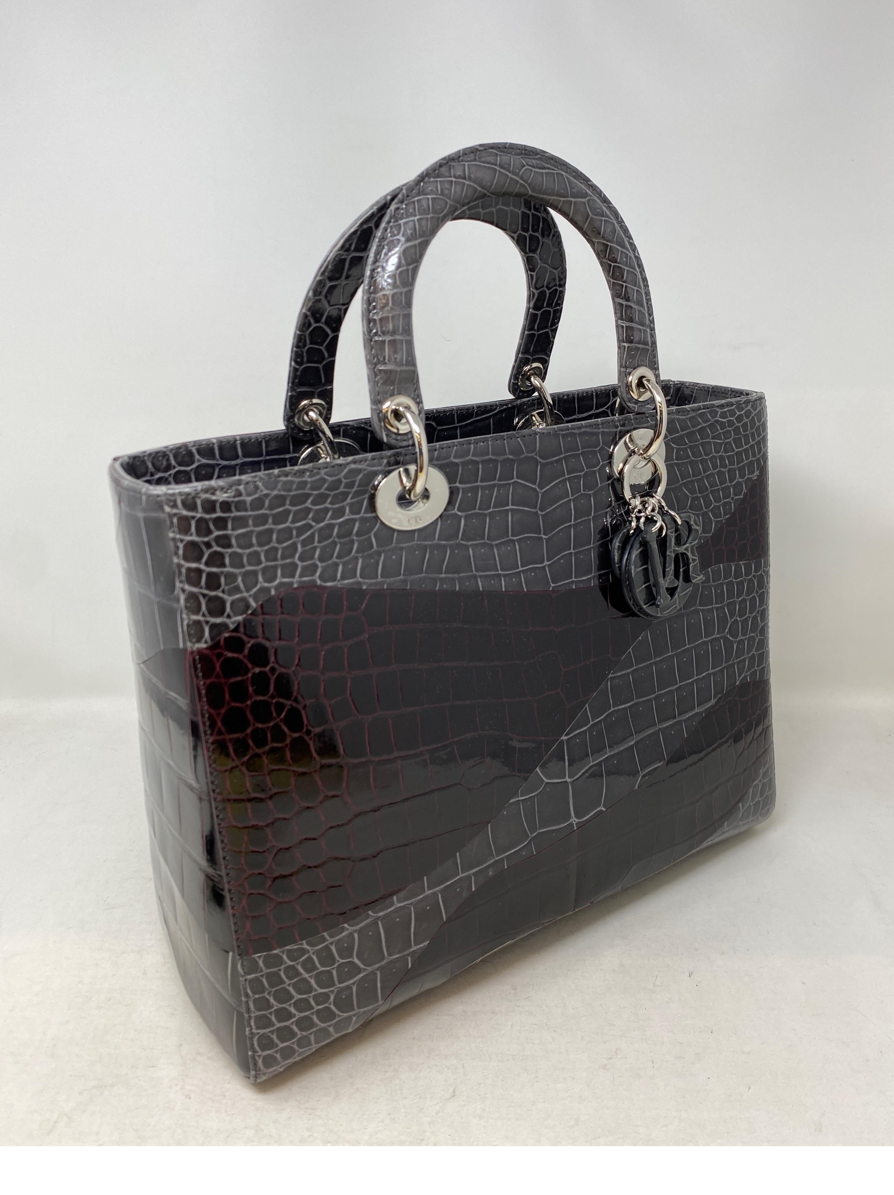Christian Dior Dark Brown And Grey Crocodile Bag. Mint like new condition. Bag was never used. Rare crocodile bag. Unique design. Only a few were made. Don't miss out on this opportunity to own a one of a kind piece. Large Lady Dior Bag with exotic