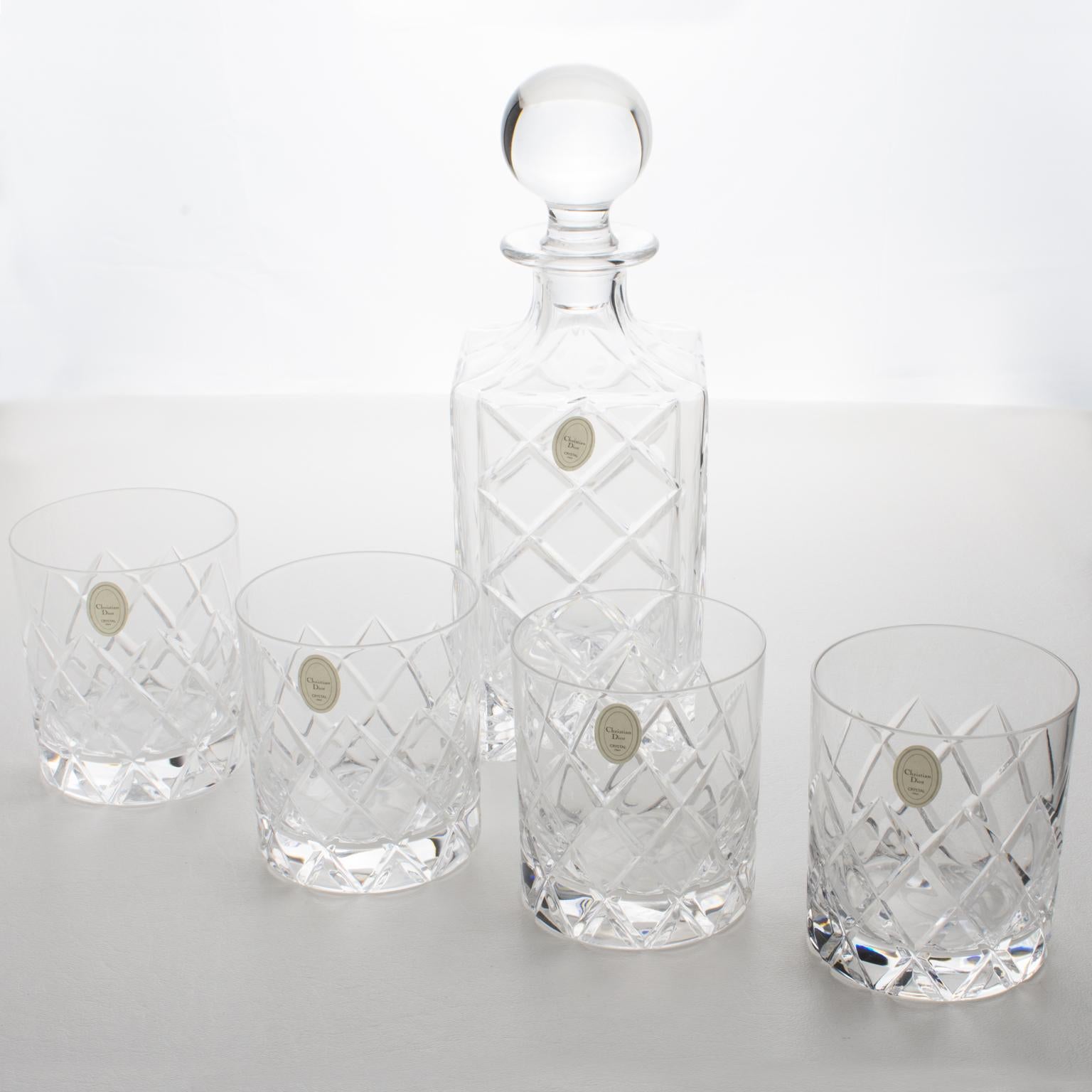 Christian Dior Crystal Decanter and Glasses Set, 5 pieces in Original Box, 1980s 3