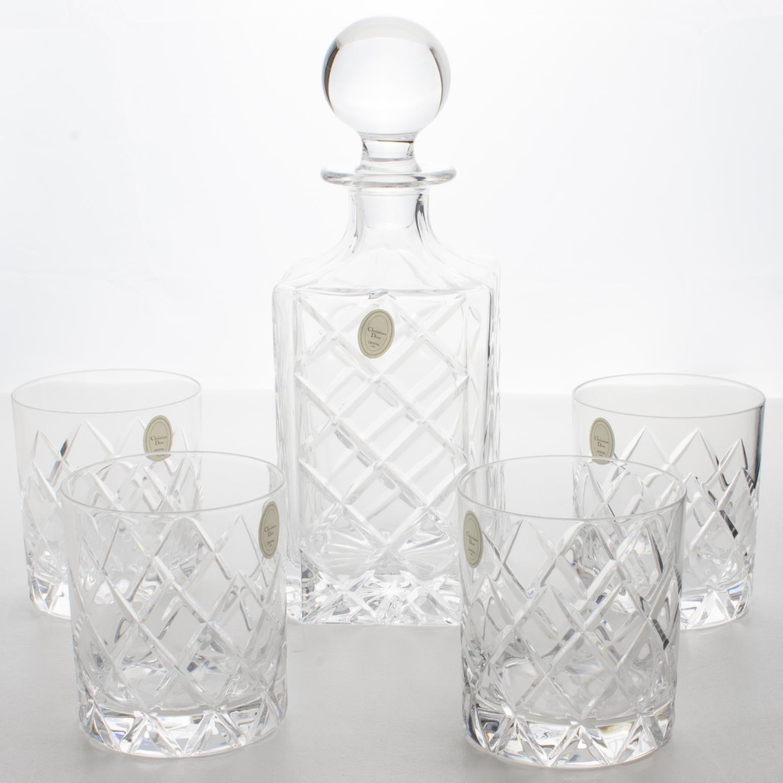 Christian Dior Crystal Decanter and Glasses Set, 5 pieces in Original Box, 1980s 4
