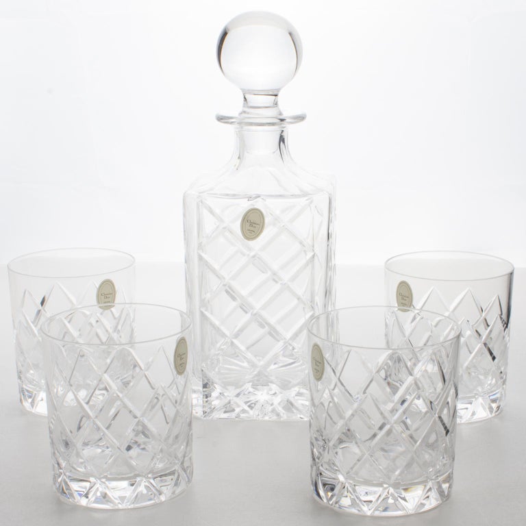 Christian Dior Crystal Decanter and Glasses Set, 5 pieces in Original Box, 1980s at 1stDibs