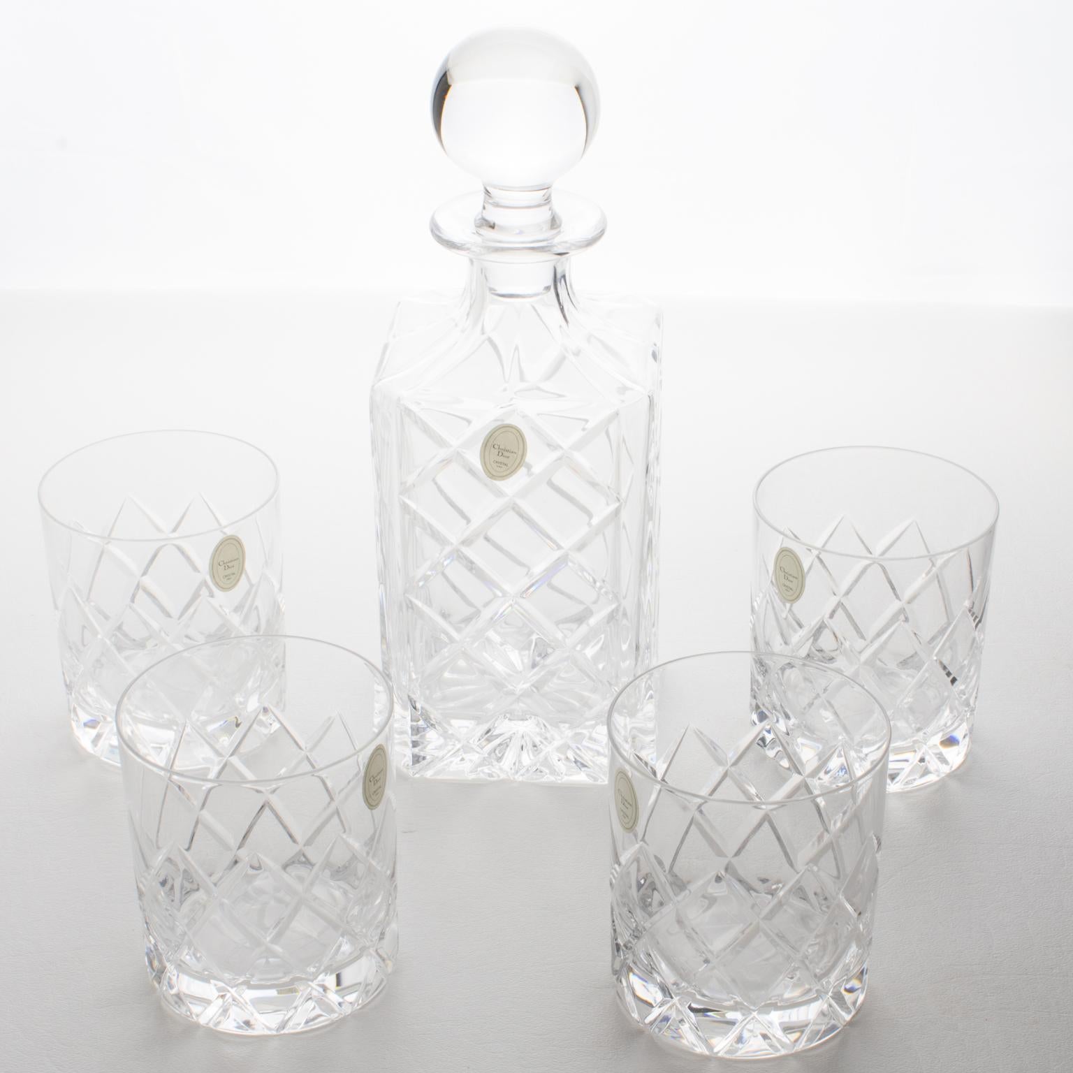 Christian Dior Crystal Decanter and Glasses Set, 5 pieces in Original Box, 1980s 9