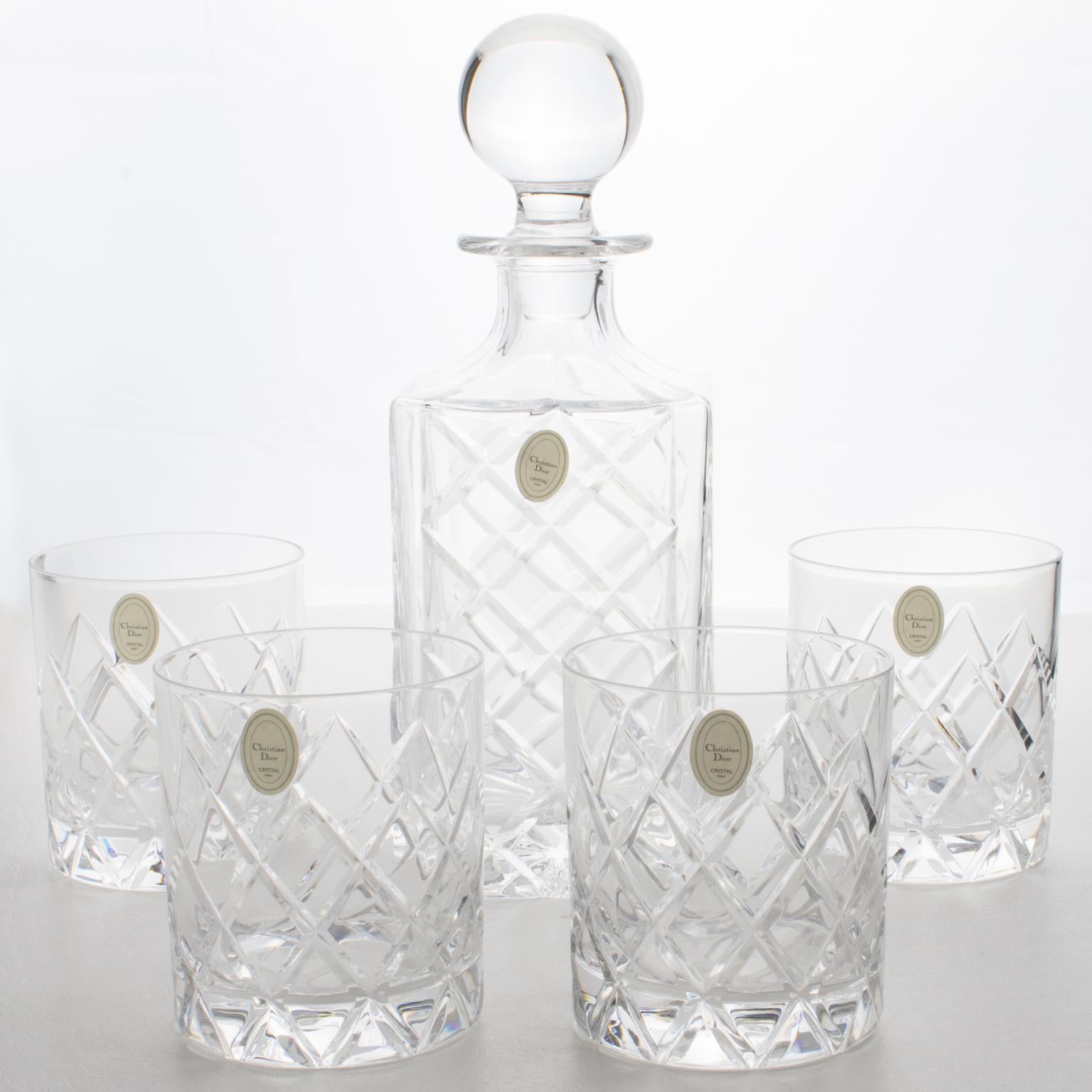 Christian Dior Crystal Decanter and Glasses Set, 5 pieces in Original Box, 1980s 10