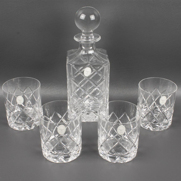 Christian Dior Crystal Decanter and Glasses Set, 5 pieces in Original Box, 1980s at 1stDibs