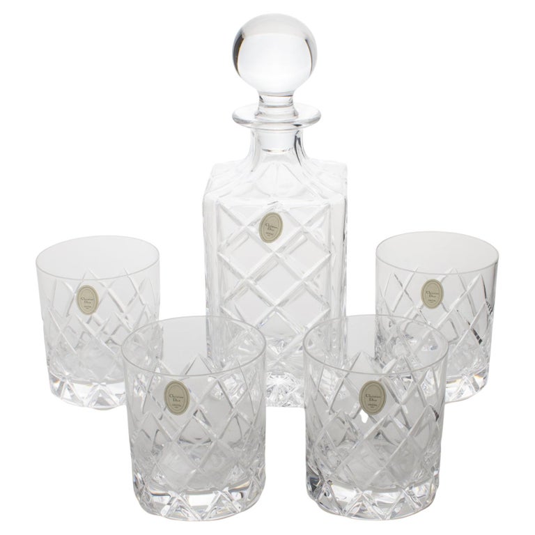 Christian Dior Crystal Decanter and Glasses Set, 5 pieces in Original Box, 1980s at 1stDibs
