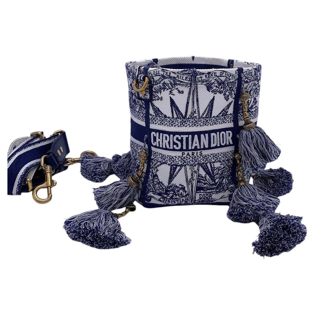 Christian Dior D-Bubble Bleu Toile de Jouy Canvas Bucket Bag Tassels Italy Auth