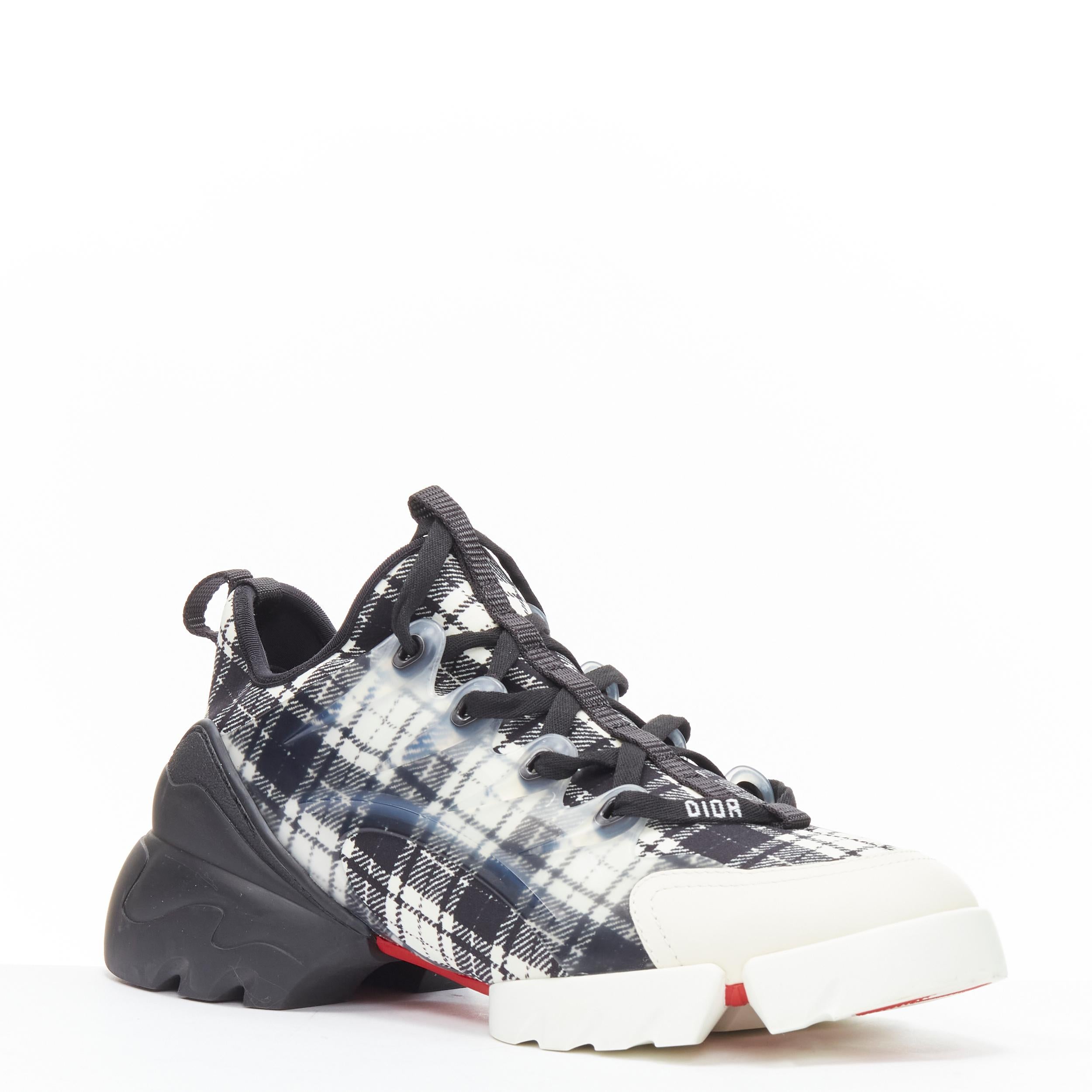CHRISTIAN DIOR D Connect black white plaid check chunky sole sneaker EU37 US8 
Reference: TGAS/B01993 
Brand: Christian Dior 
Model: D Connect 
Material: Fabric 
Color: Grey 
Pattern: Check 
Closure: Lace Up 
Extra Detail: Black white plaid check
