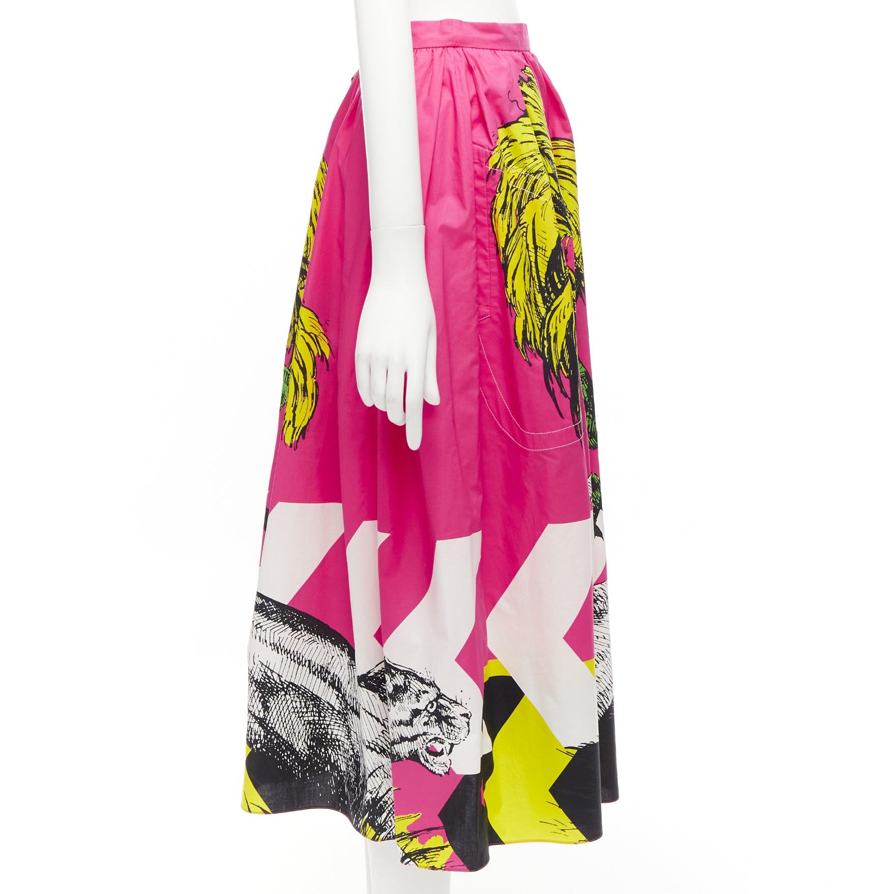 Women's CHRISTIAN DIOR D-Jungle pink pop tiger graphic print poplin cotton skirt FR34 XS For Sale