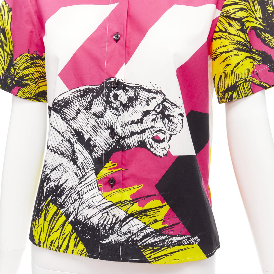 CHRISTIAN DIOR D-Jungle Pop Tiger pink print poplin short sleeve shirt FR34 XS For Sale 2