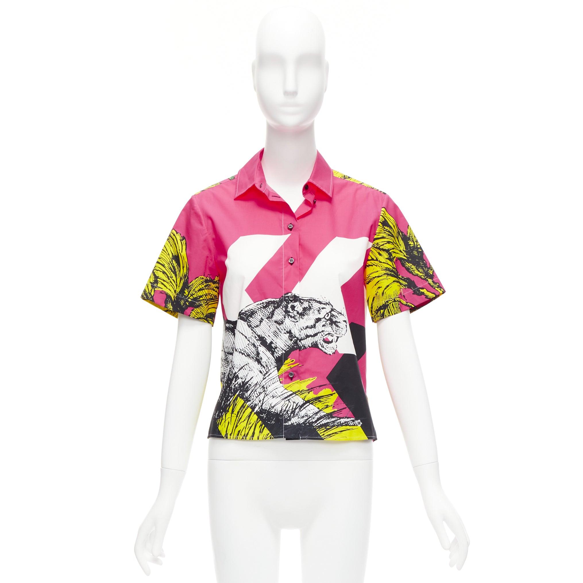 CHRISTIAN DIOR D-Jungle Pop Tiger pink print poplin short sleeve shirt FR34 XS For Sale 5