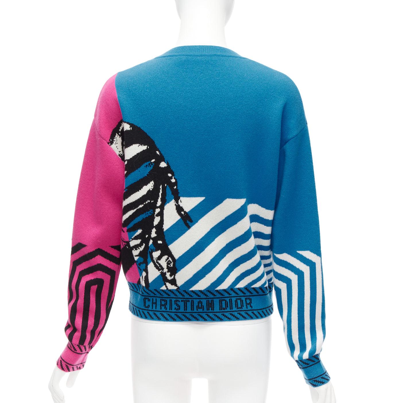 Women's CHRISTIAN DIOR D-Jungle Pop Zebra graphic blue pink cashmere sweater FR34 S For Sale