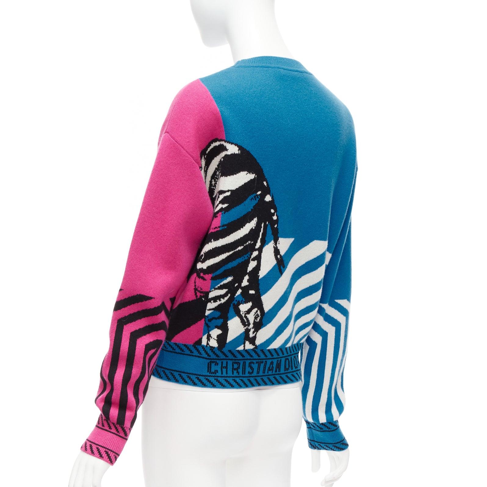 CHRISTIAN DIOR D-Jungle Pop Zebra graphic blue pink cashmere sweater FR34 S For Sale 1