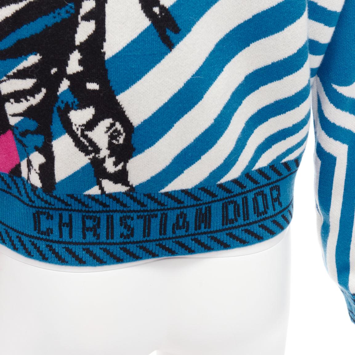 CHRISTIAN DIOR D-Jungle Pull Pop Zebra graphique bleu rose cashmere FR34 S en vente 2