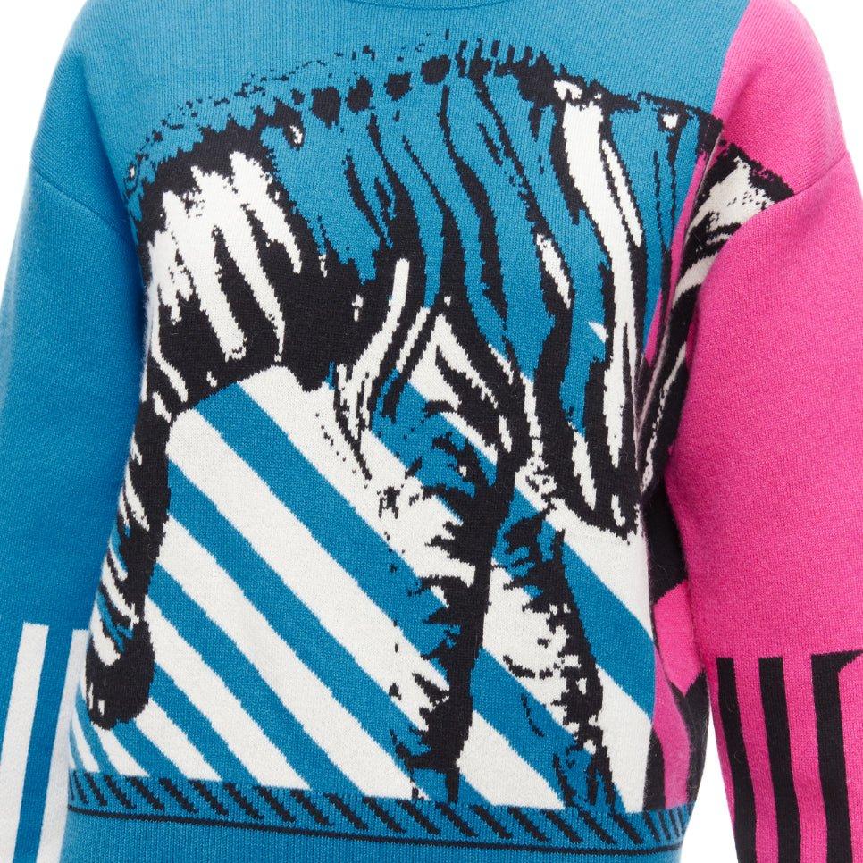 CHRISTIAN DIOR D-Jungle Pop Zebra graphic blue pink cashmere sweater FR34 S For Sale 2