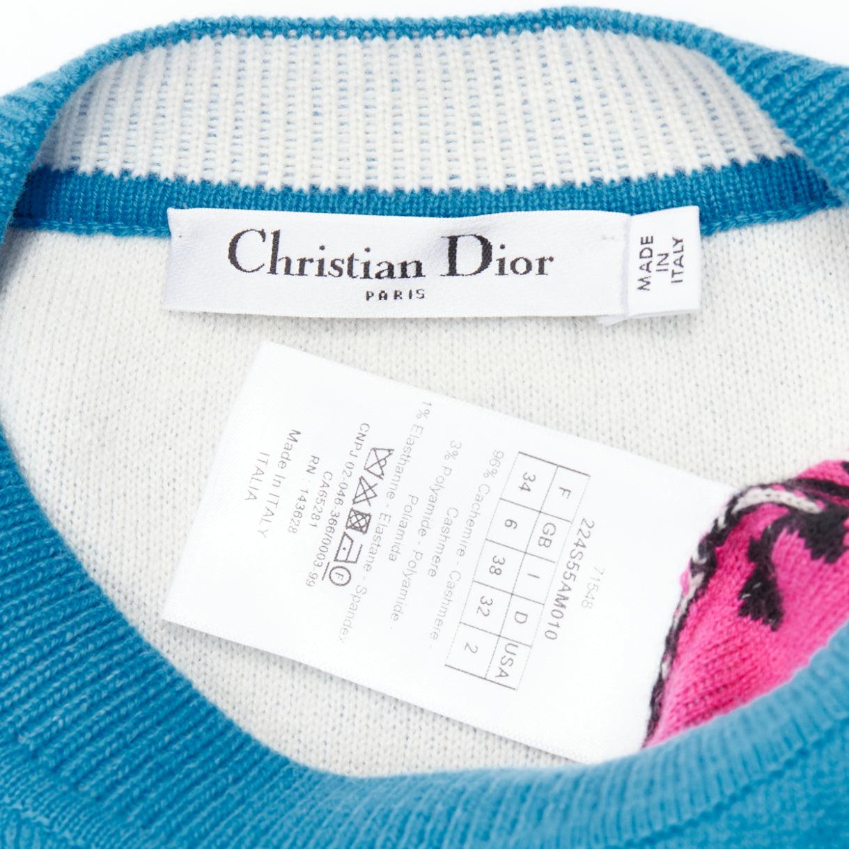 CHRISTIAN DIOR D-Jungle Pop Zebra graphic blue pink cashmere sweater FR34 S For Sale 4