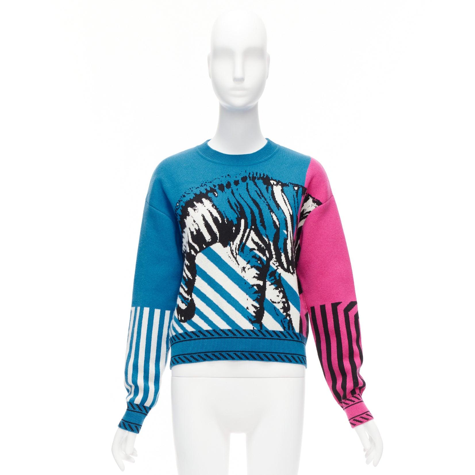 CHRISTIAN DIOR D-Jungle Pop Zebra graphic blue pink cashmere sweater FR34 S For Sale 4