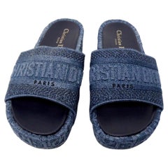 Christian Dior D-way Embroidered Denim Platform Slide Sandals