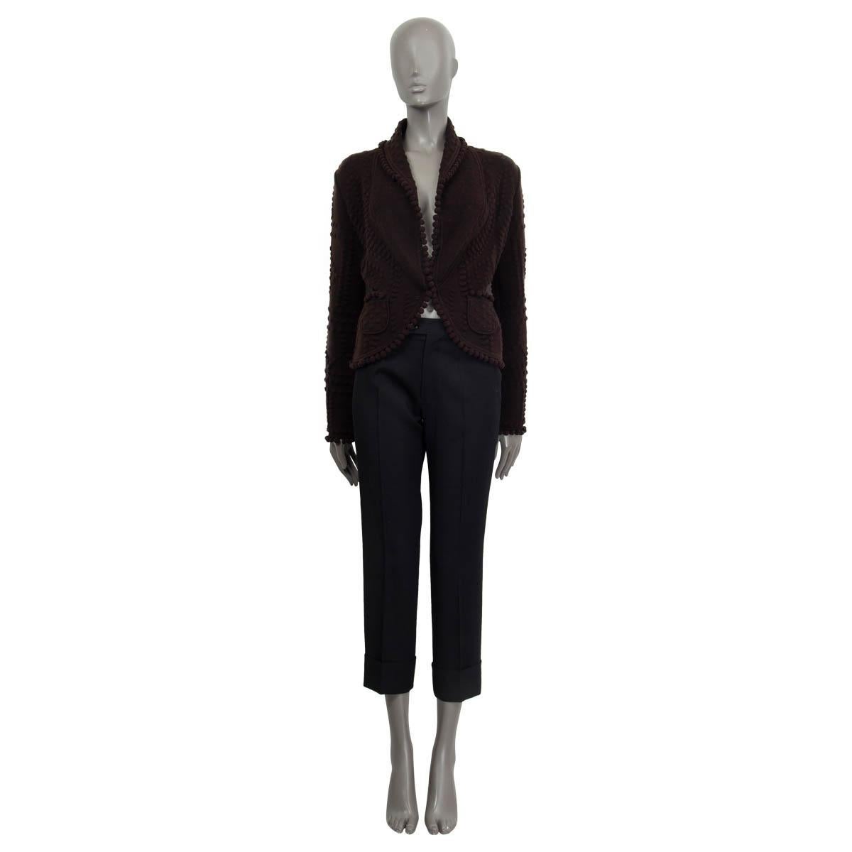 100% authentic Christian Dior by John Galliano Fall/winter 1999 collection pompon embellished cardigan in dark brown wool (92%), nylon (7%) and elastane (1%) - please note that the content tag is missing. Opens with a hook on the front. Unlined. Has