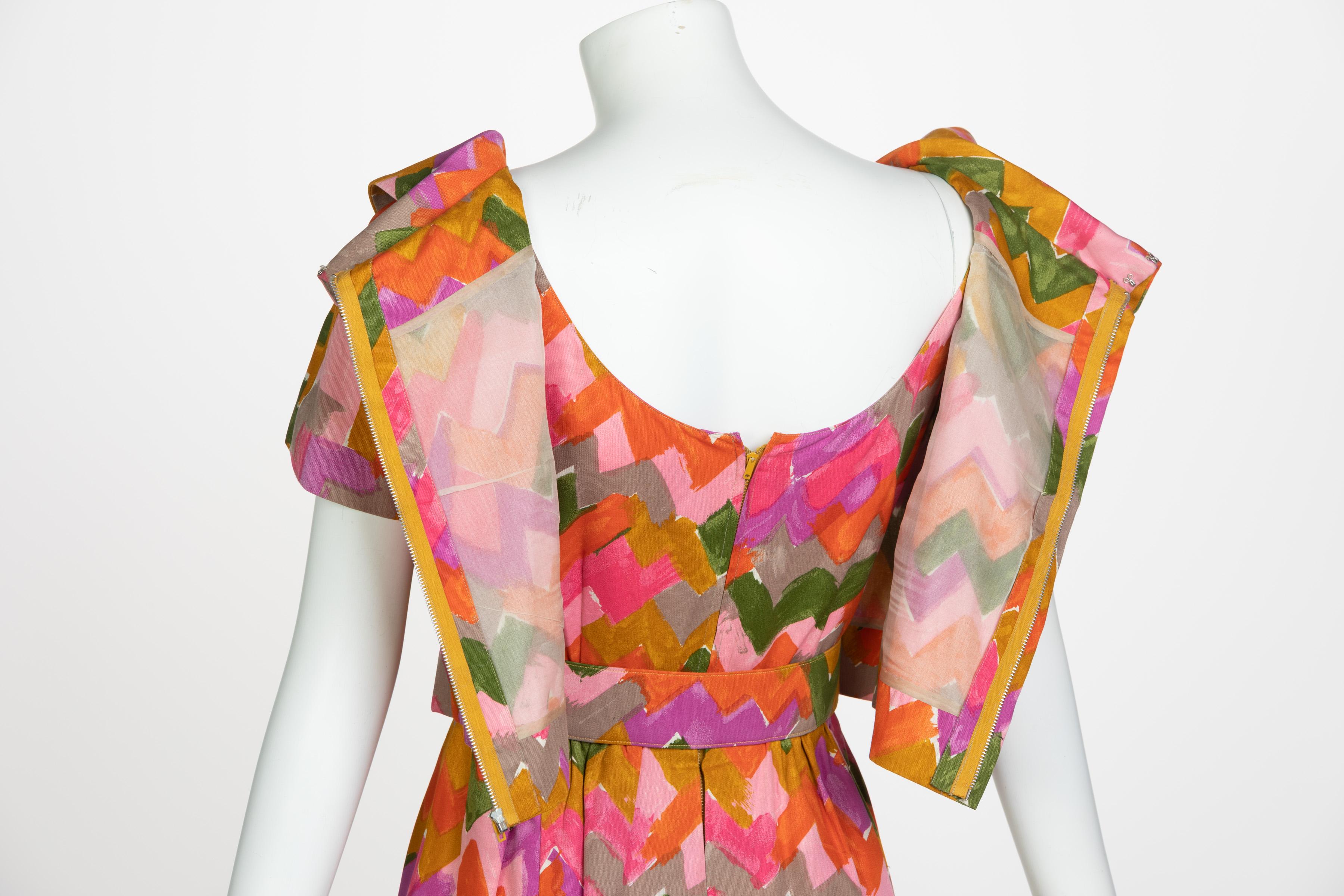 Christian Dior Demi-Couture Colorful Chevron Tailored Belted Dress, 1950s 5