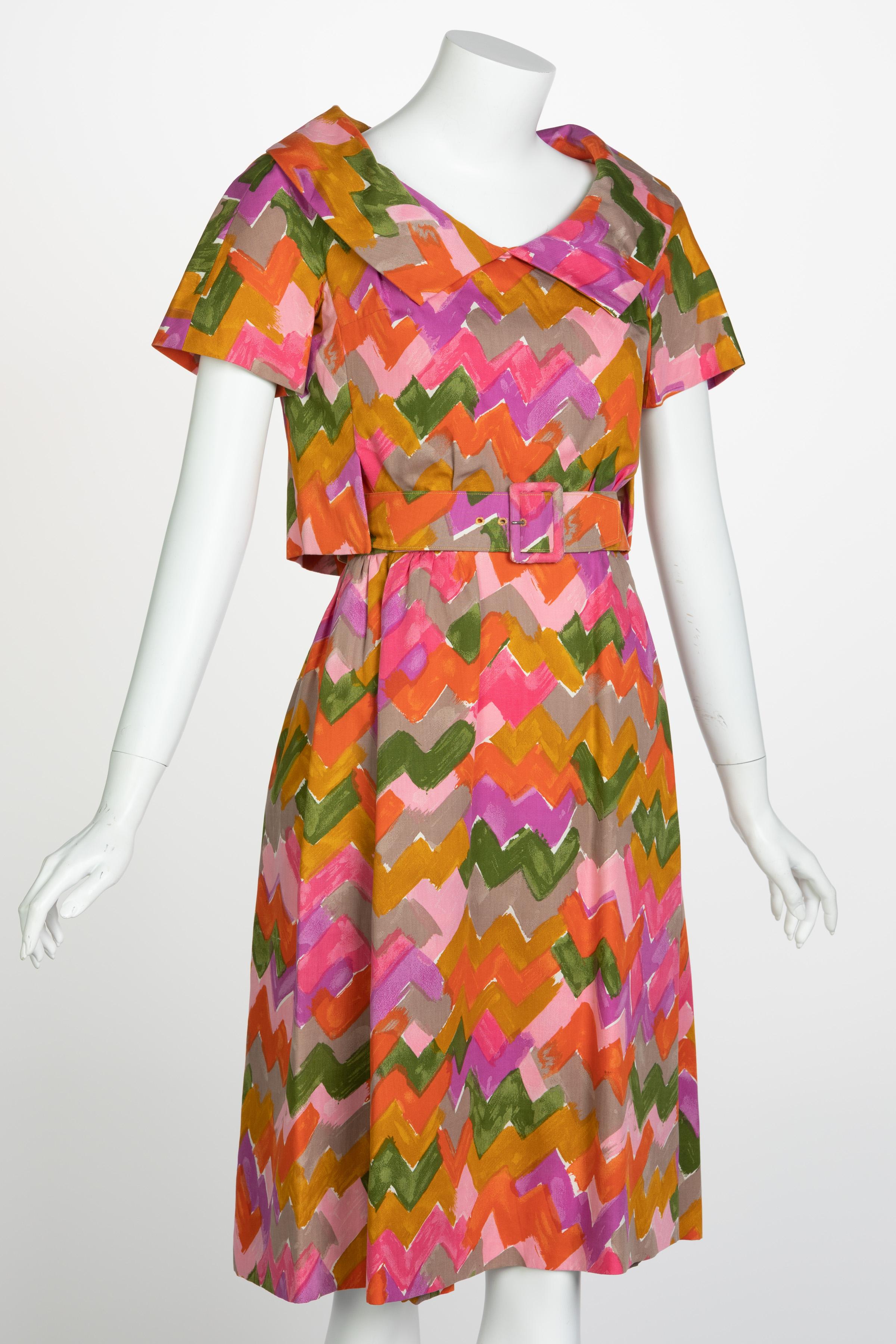 Brown Christian Dior Demi-Couture Colorful Chevron Tailored Belted Dress, 1950s