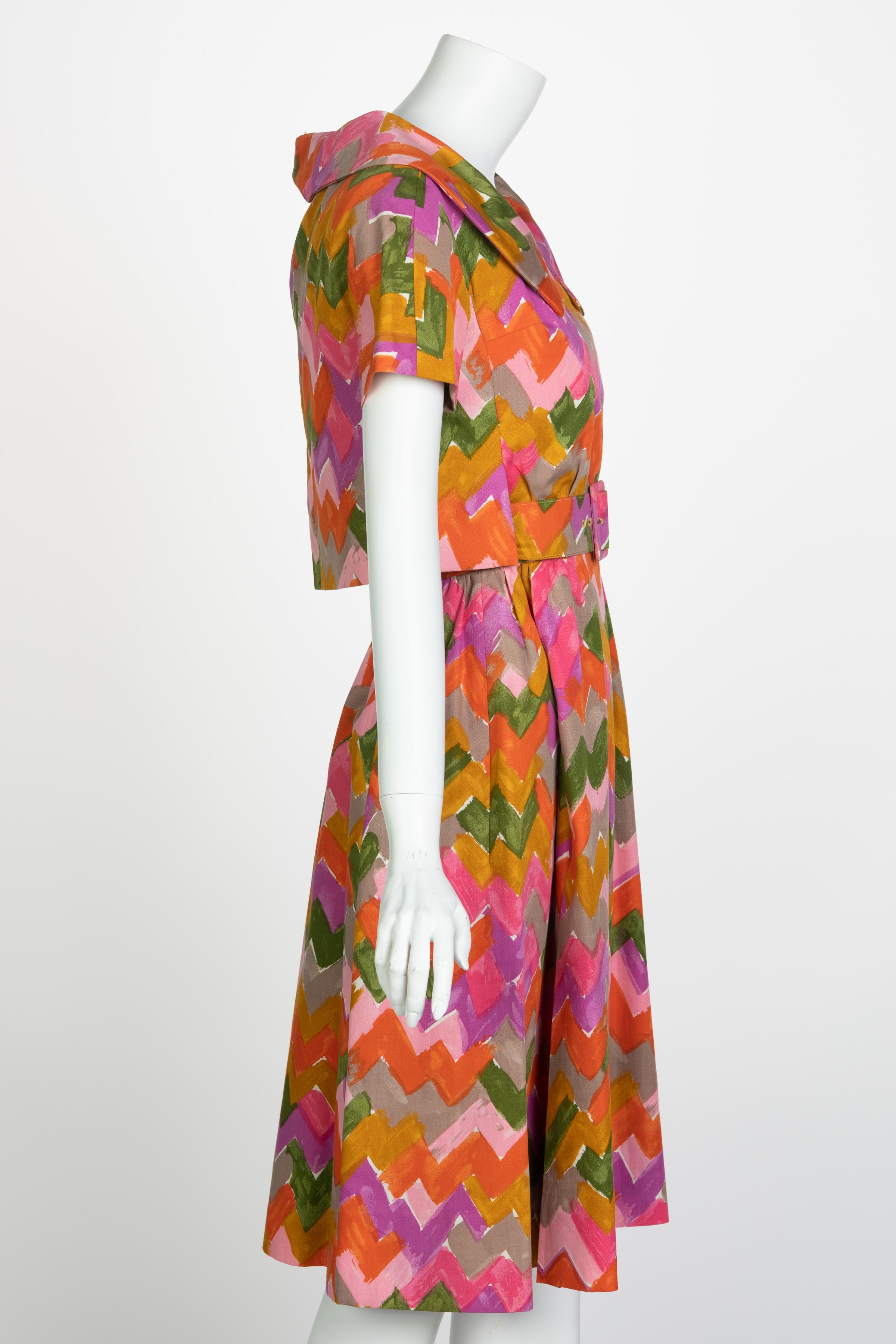 Christian Dior Demi-Couture Colorful Chevron Tailored Belted Dress, 1950s In Excellent Condition In Boca Raton, FL