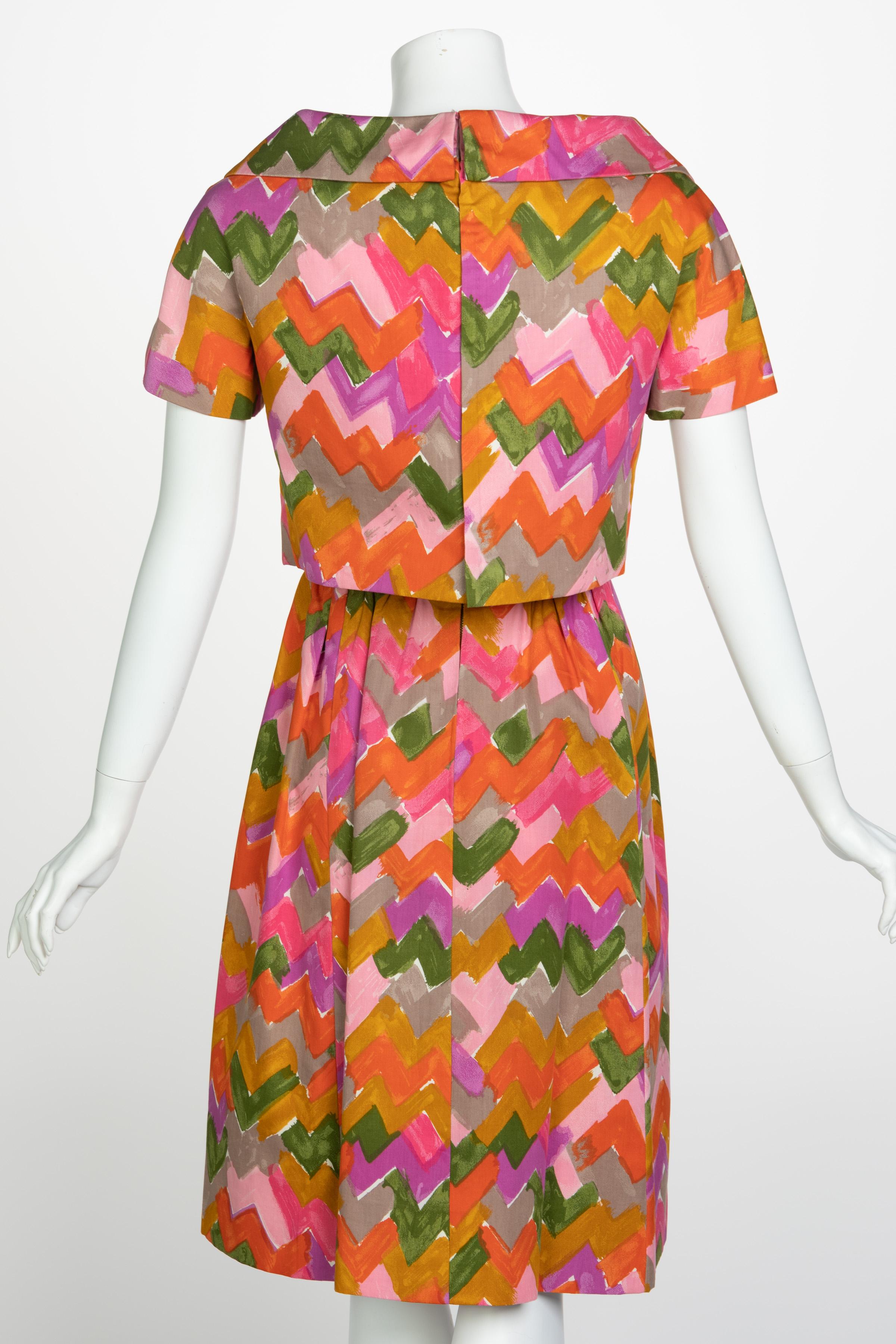 Christian Dior Demi-Couture Colorful Chevron Tailored Belted Dress, 1950s 1