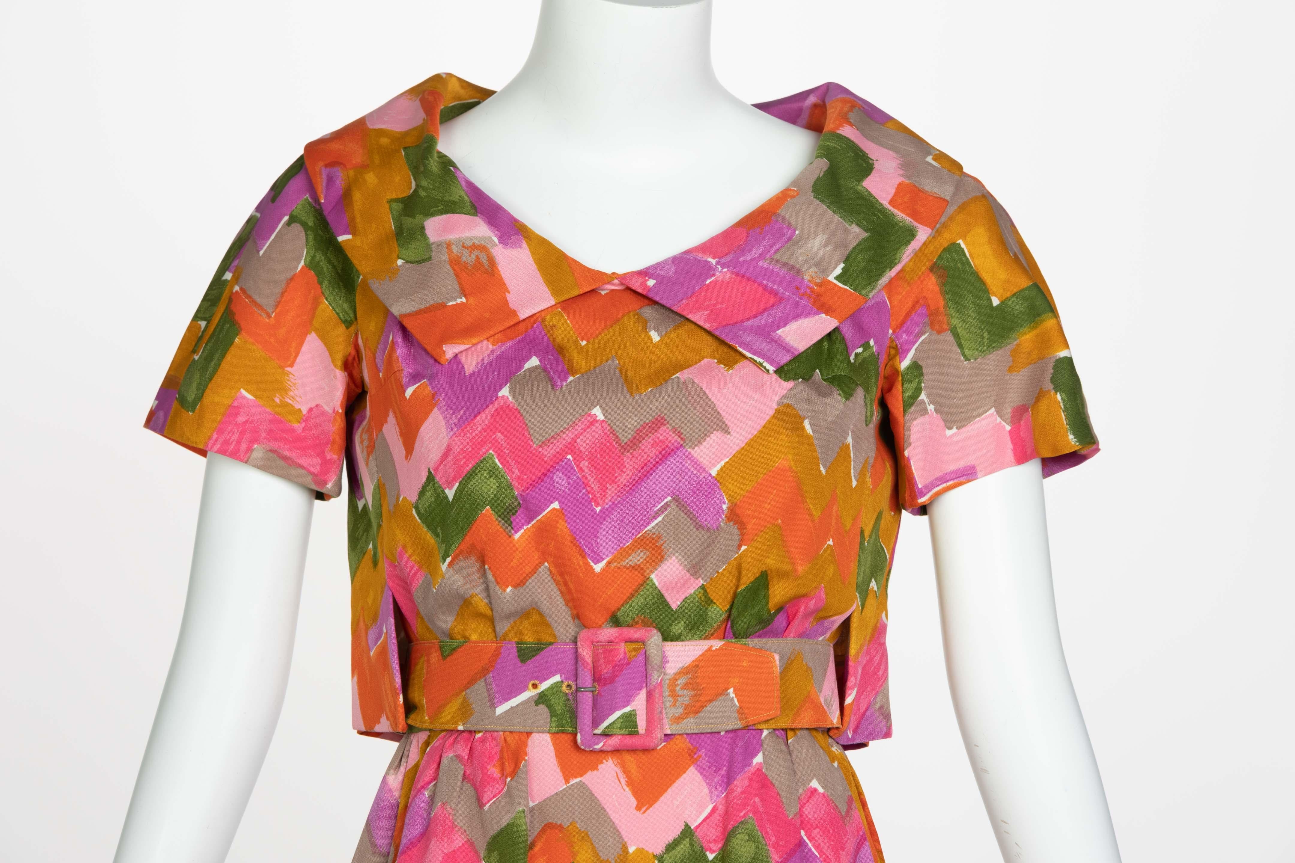 Christian Dior Demi-Couture Colorful Chevron Tailored Belted Dress, 1950s 2