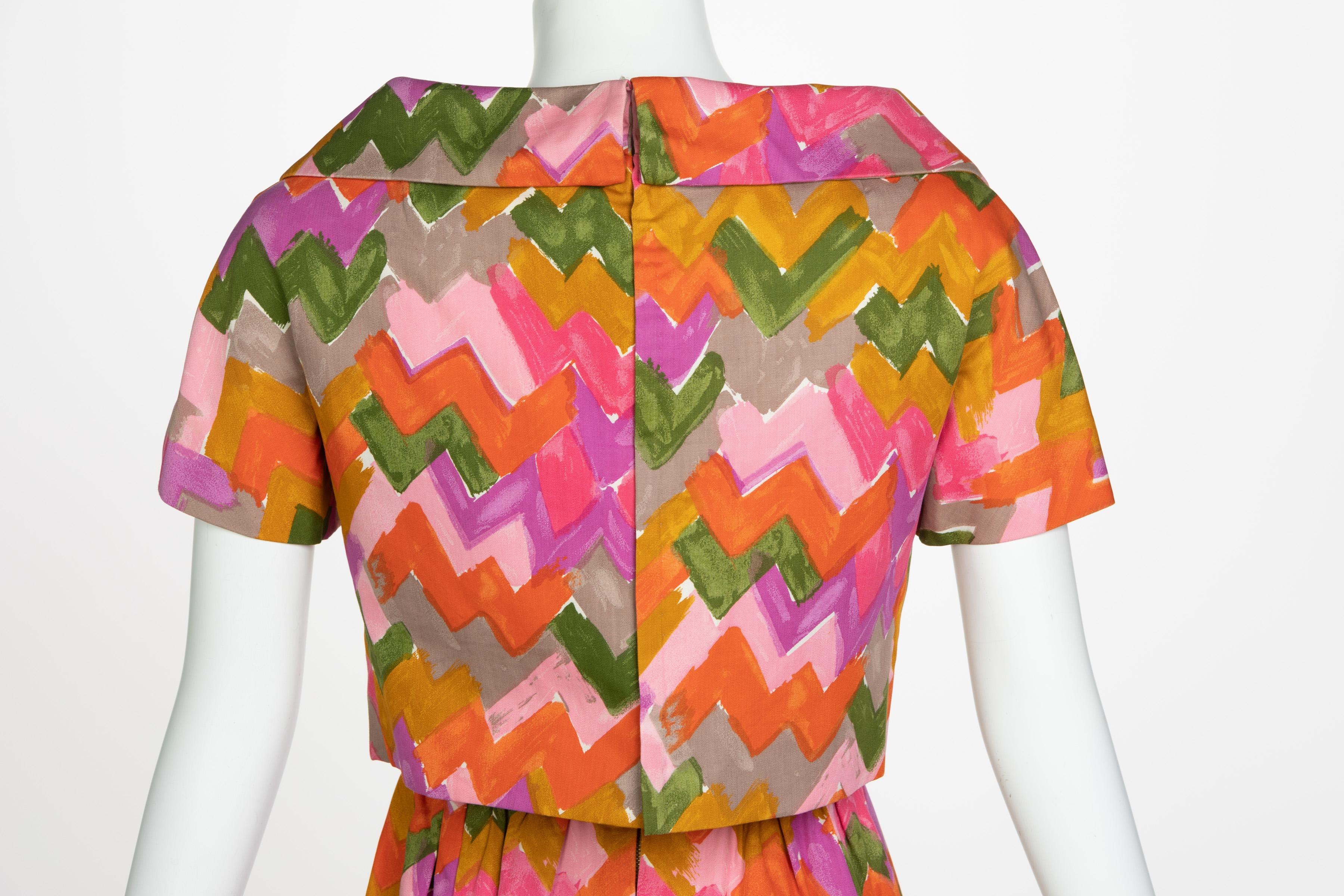 Christian Dior Demi-Couture Colorful Chevron Tailored Belted Dress, 1950s 4