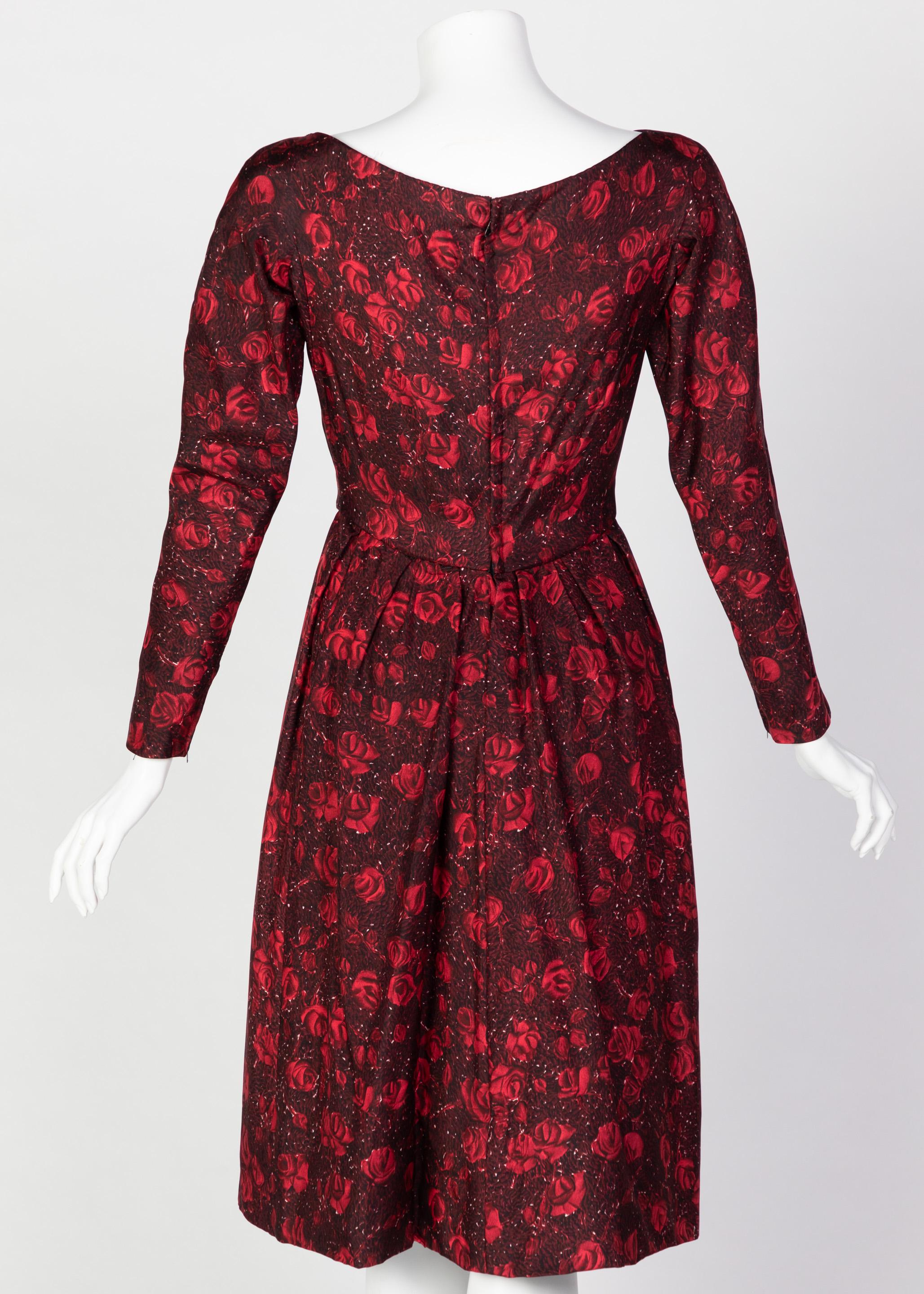 Brown Christian Dior Demi-Couture Red Black Floral Silk Dress, 1950s