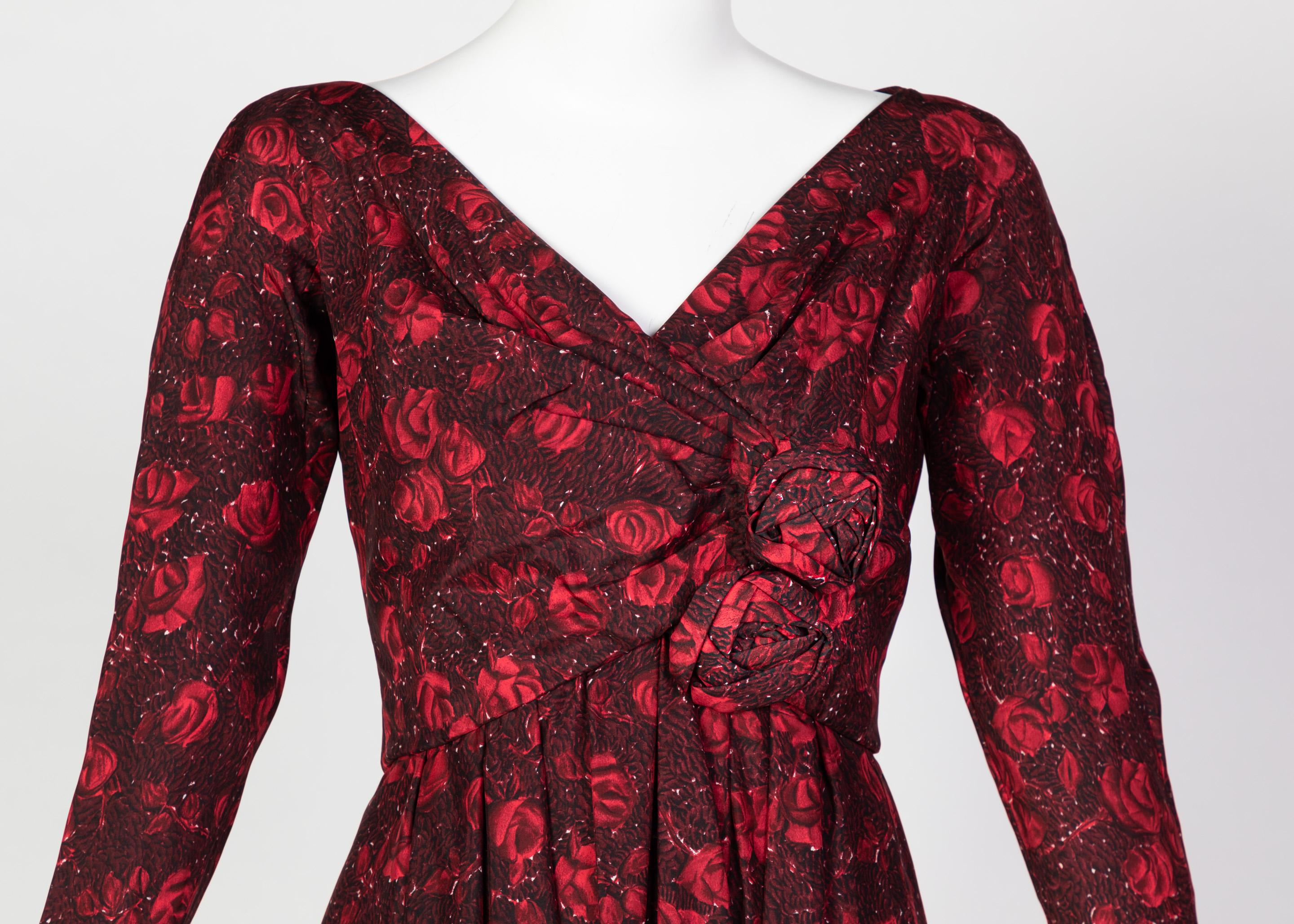 Christian Dior Demi-Couture Red Black Floral Silk Dress, 1950s In Excellent Condition In Boca Raton, FL