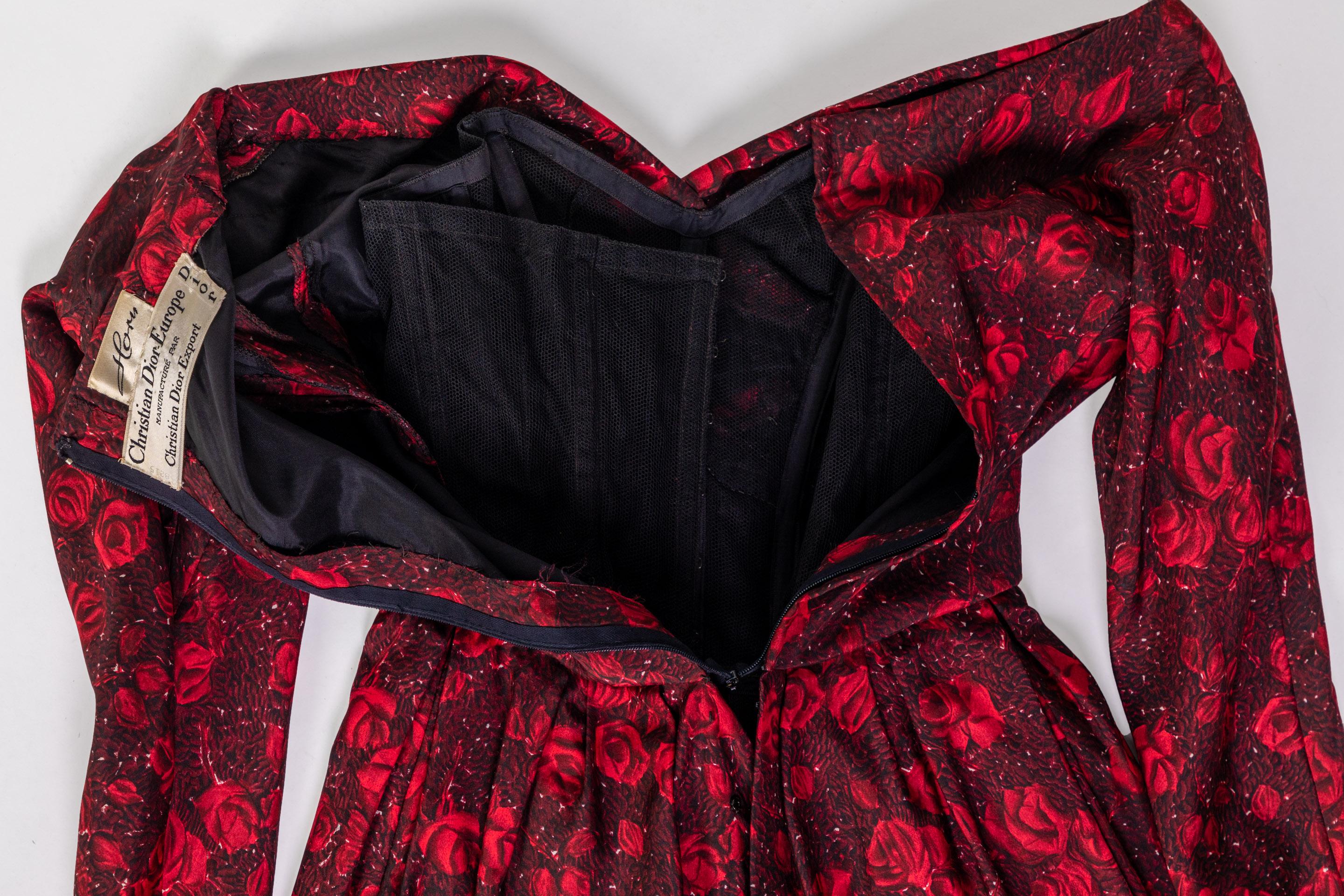 Christian Dior Demi-Couture Red Black Floral Silk Dress, 1950s 1