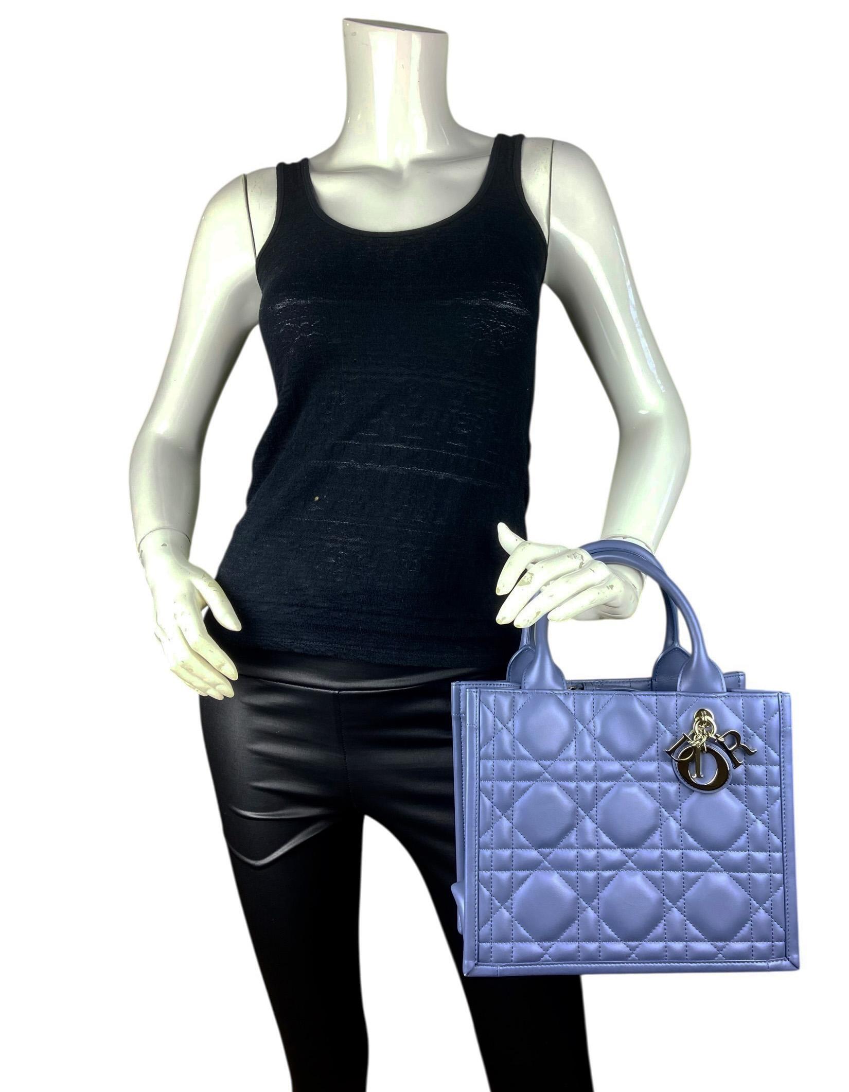 Christian Dior Denim Blue Macrocannage Pelle di vitello Piccola Dior Book Tote Bag con tracolla

Prodotto in: Italia
Anno di produzione: 2024
Colore: blu 
Hardware: Oro
Materiali: Pelle di vitello
Fodera: Pelle
Chiusura/apertura: Apertura