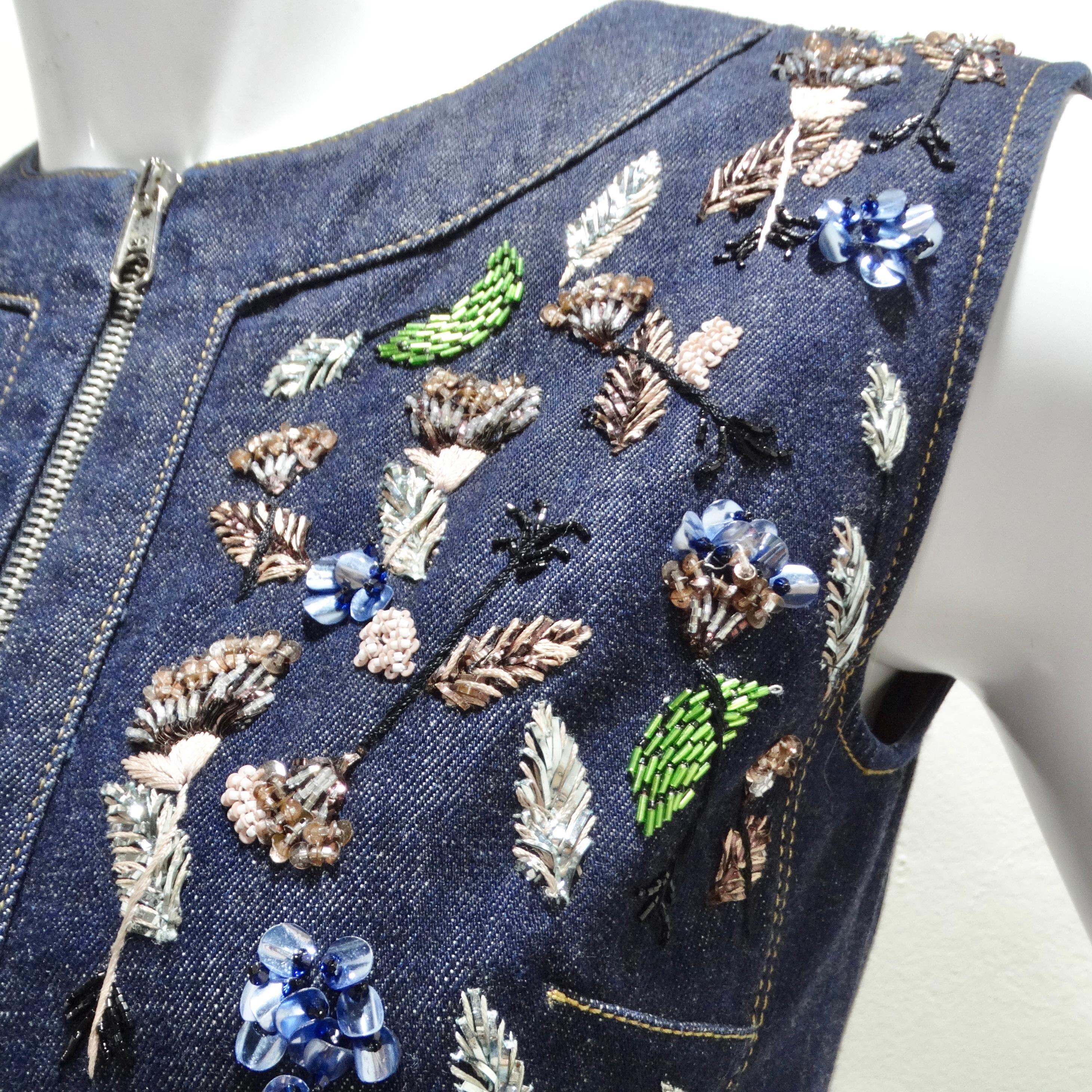 Christian Dior Denim Embroidered Sleeveless Dress In Excellent Condition For Sale In Scottsdale, AZ