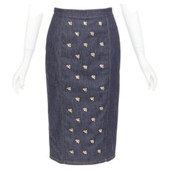 CHRISTIAN DIOR denim glass metal bead embellished high waist midi skirt FR36 S