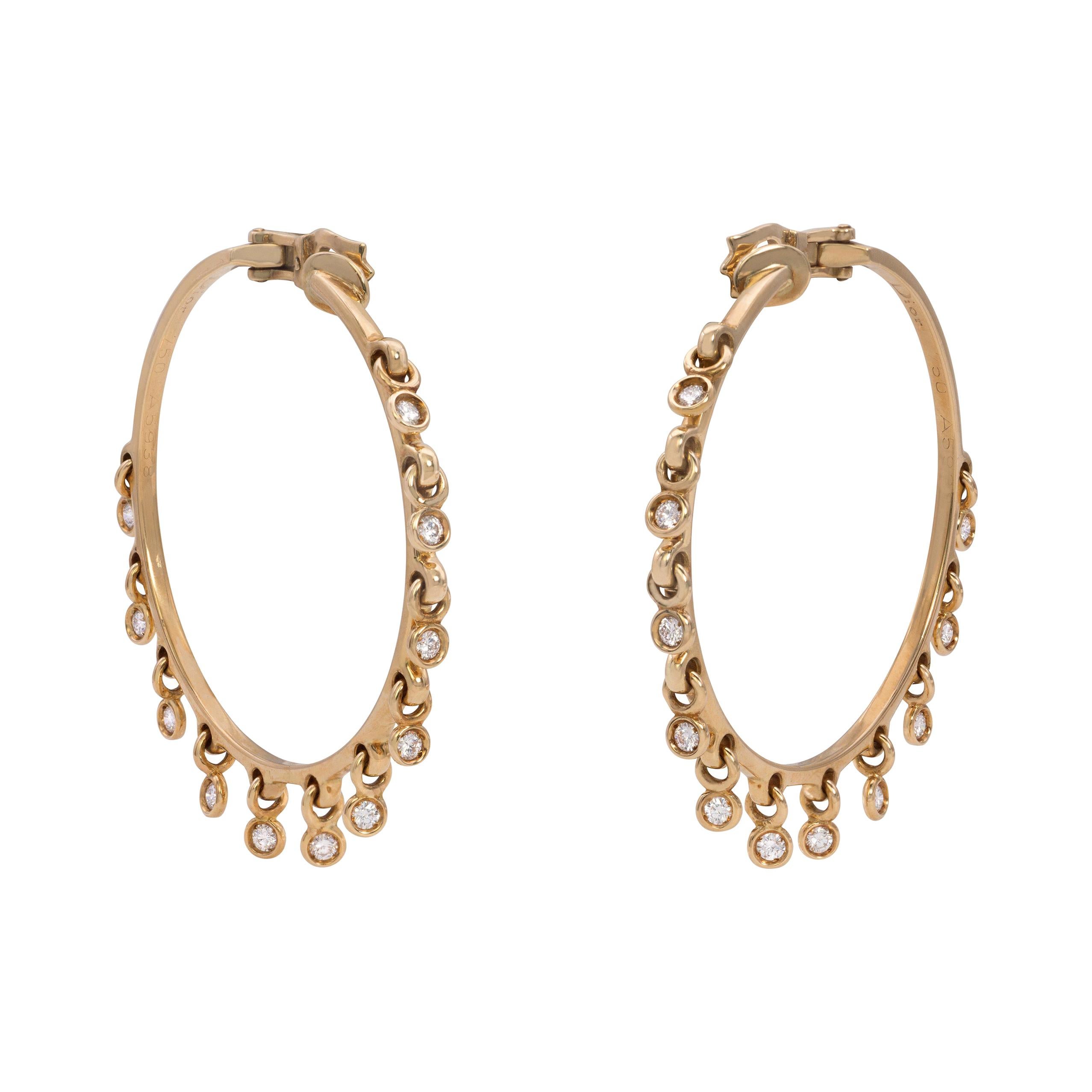 Christian Dior Diamond and Yellow Gold Fringe Clip On Hoop Earrings